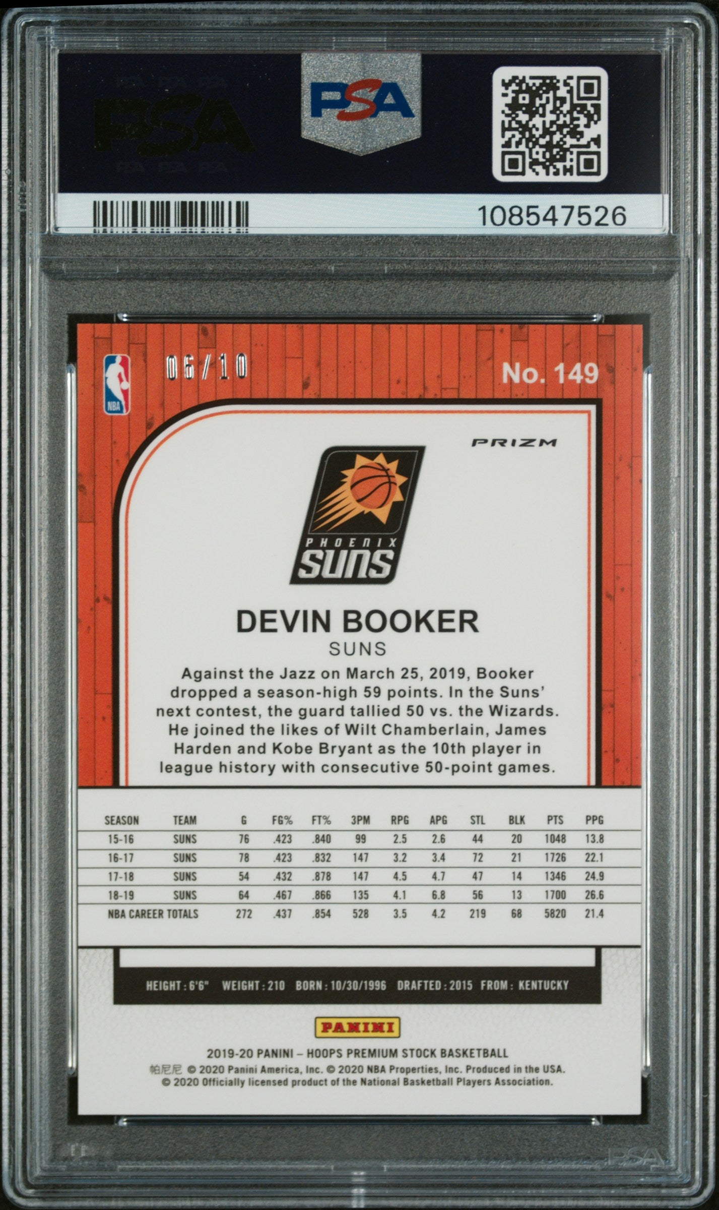 2019 Hoops Premium Stock Devin Booker #149 Gold Laser /10 PSA 10
