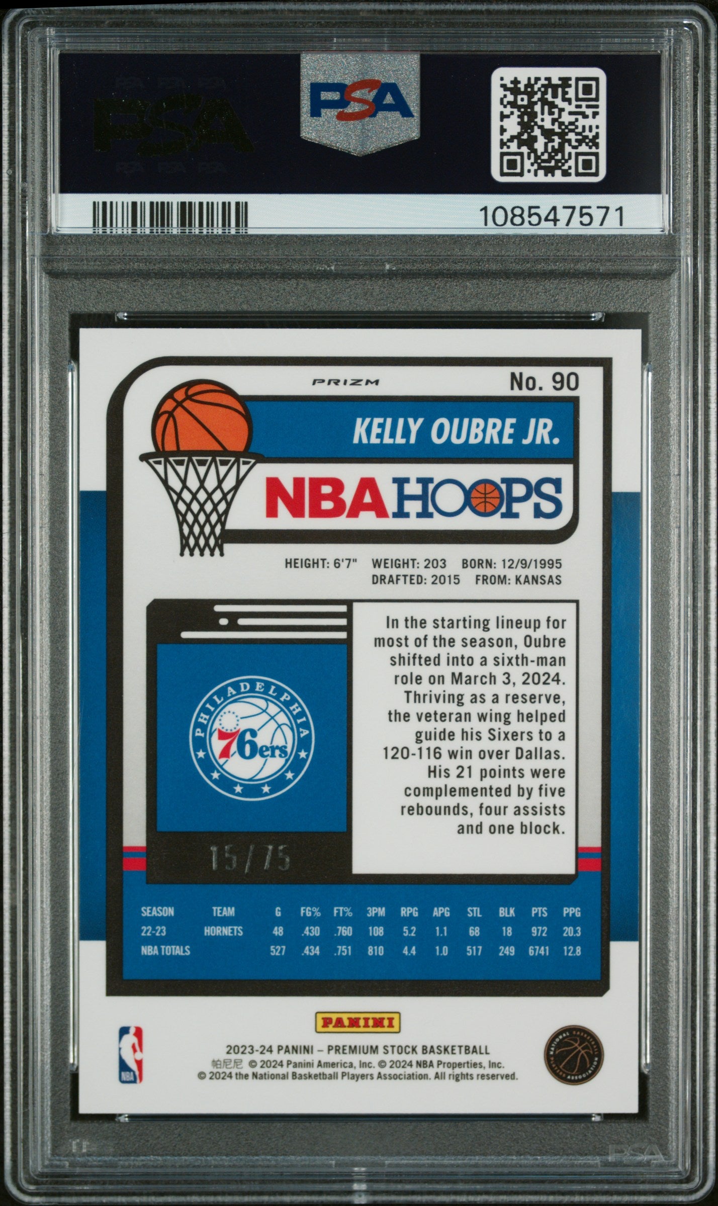 2023 Hoops Premium Stock Blue Pulsar Kelly Oubre Jr #90 PSA 10 /75