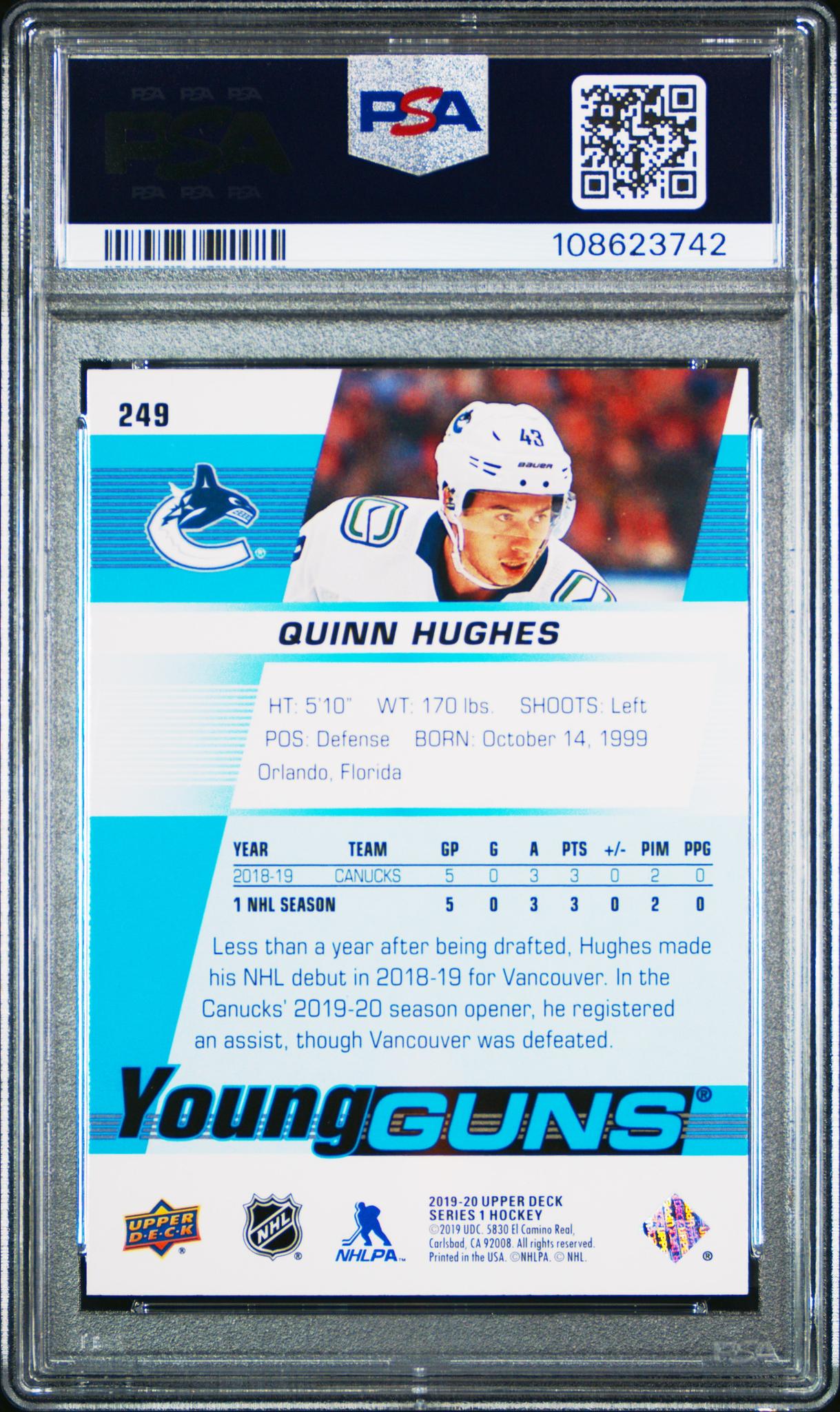 2019 Upper Deck Young Guns Quinn Hughes #249 PSA 9