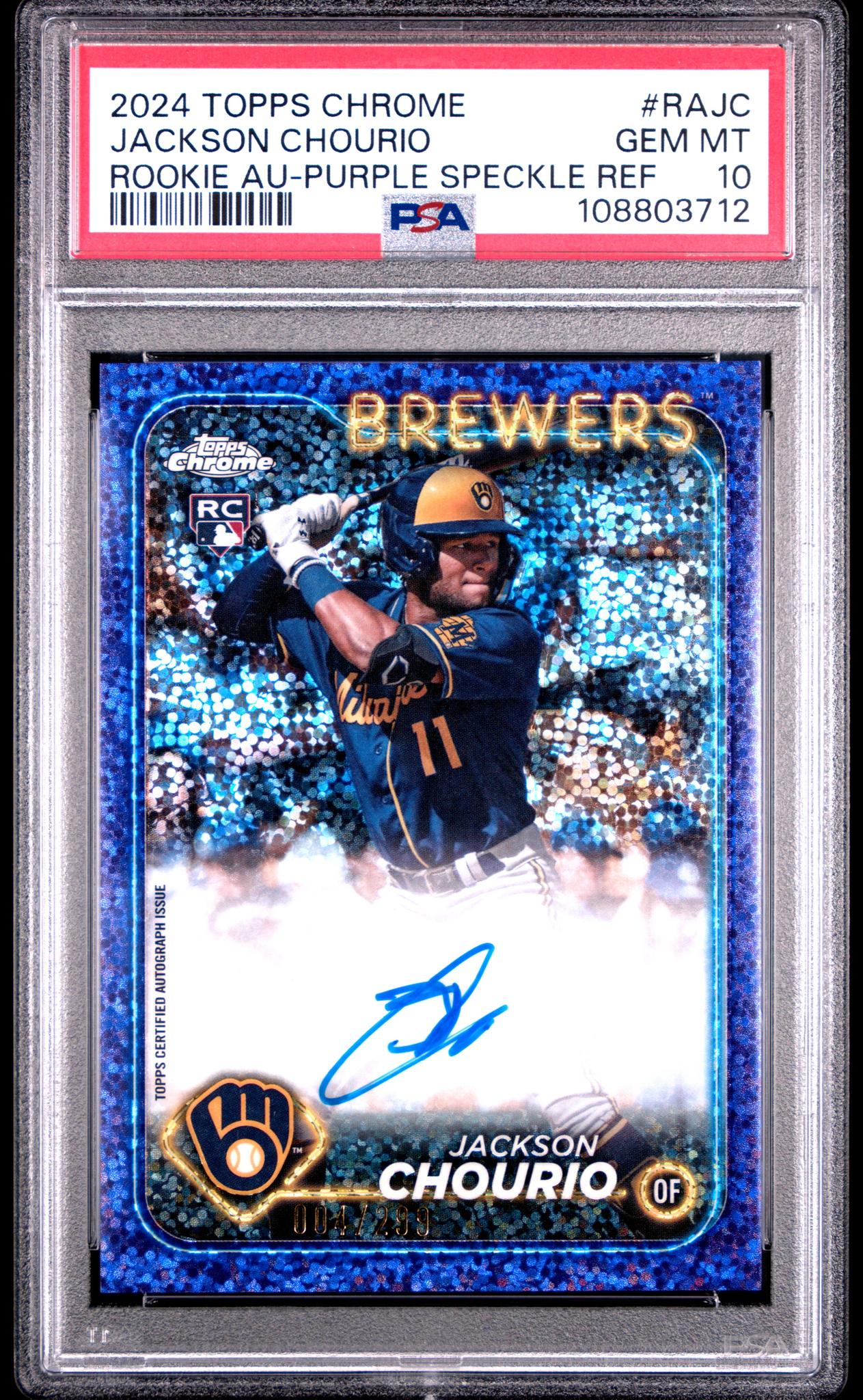 2024 Topps Chrome Purple Speckle Ref Jackson Chourio #RA-JC RC Auto /299 PSA 10