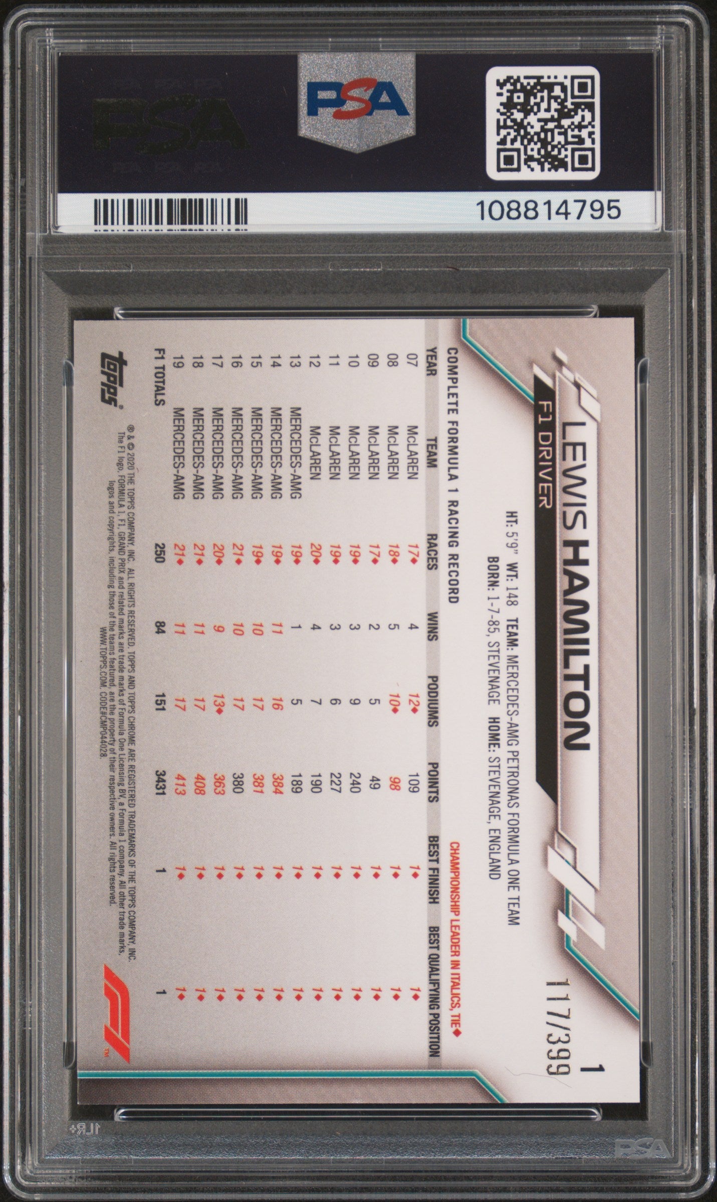 2020 Topps Chrome #1 Lewis Hamilton Purple Refractor /399 PSA 8