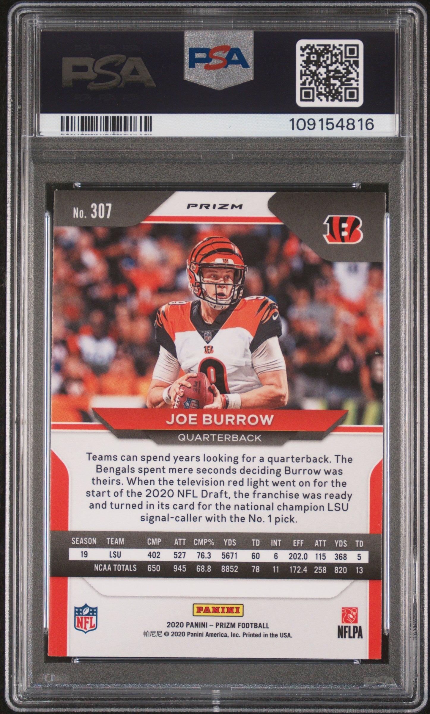 2020 Panini Prizm Silver Prizm Joe Burrow #307 RC PSA 9