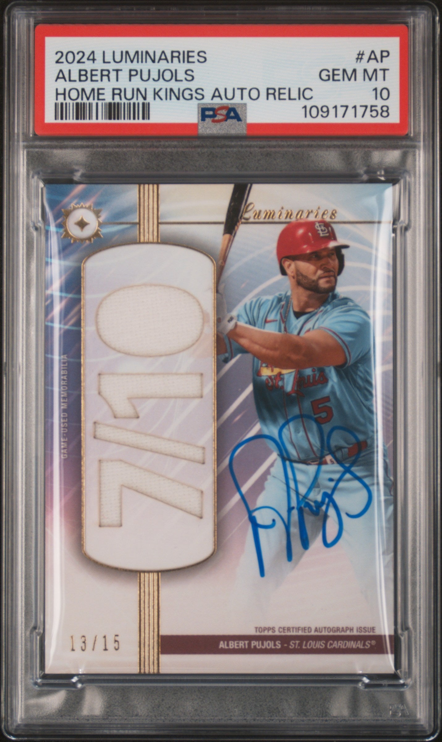 2024 Topps Luminaries Home Run Kings Albert Pujols #AP Auto Relic /15 PSA 10