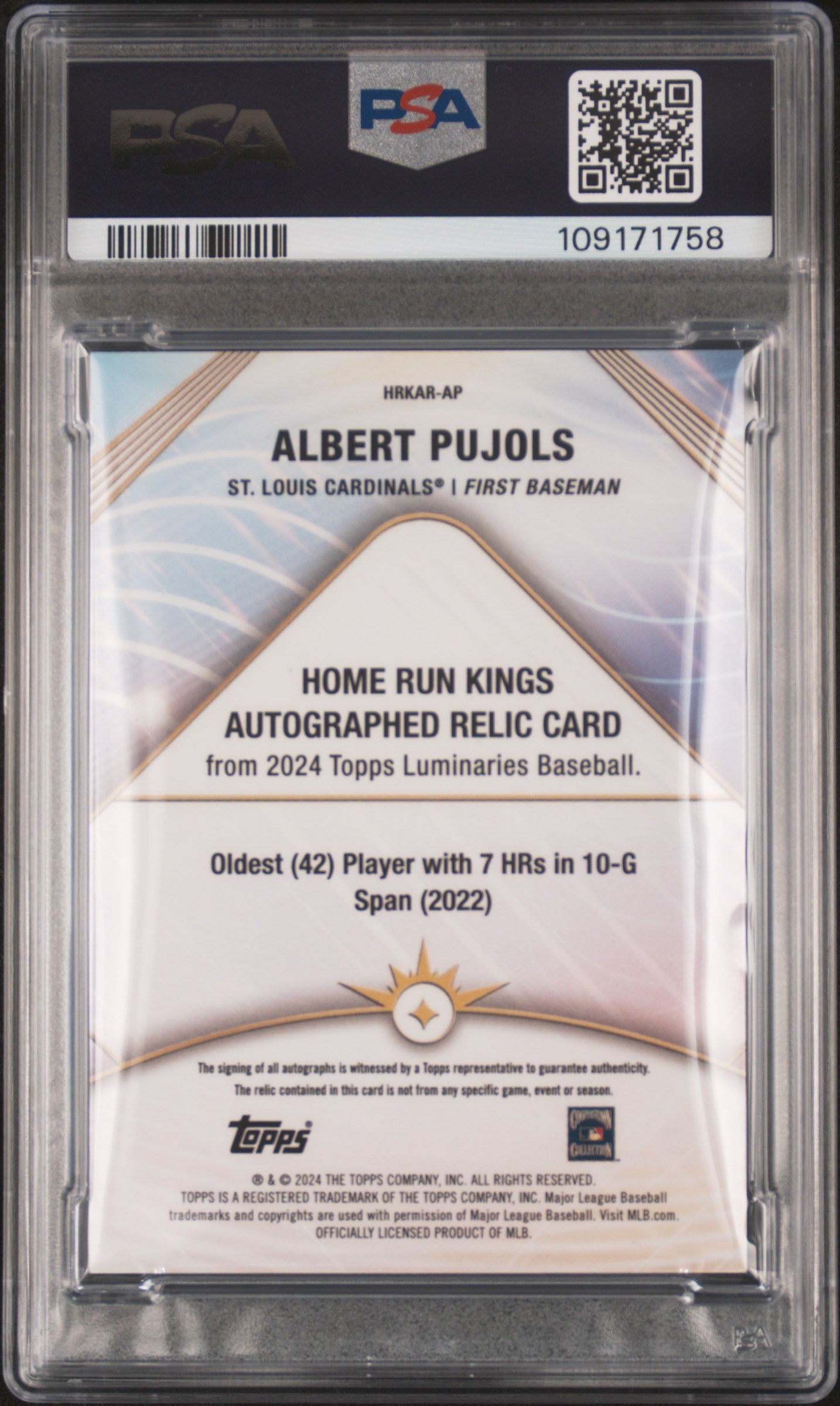 2024 Topps Luminaries Home Run Kings Albert Pujols #AP Auto Relic /15 PSA 10