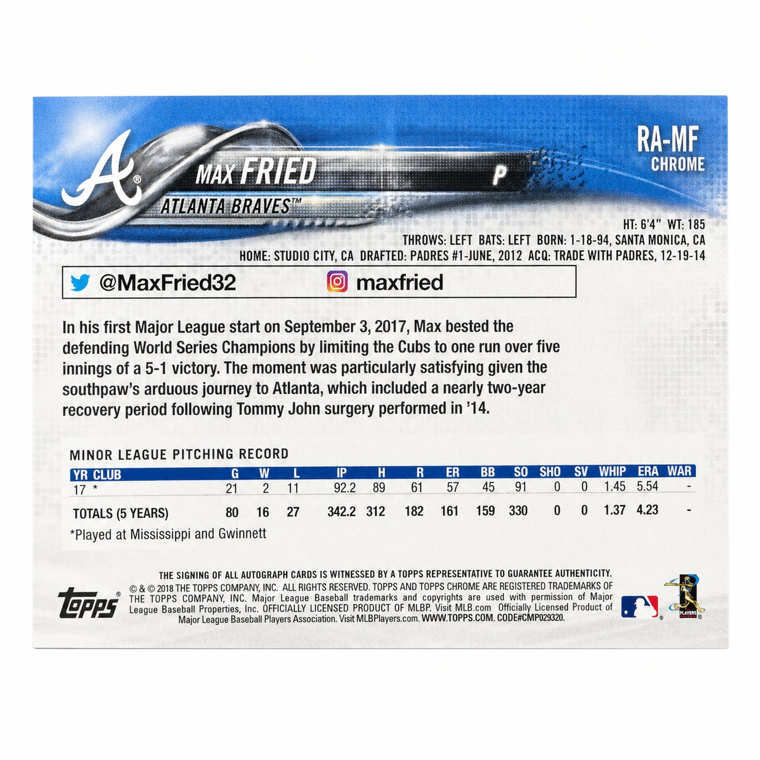 2018 Topps Chrome Max Fried Rookie RC Auto