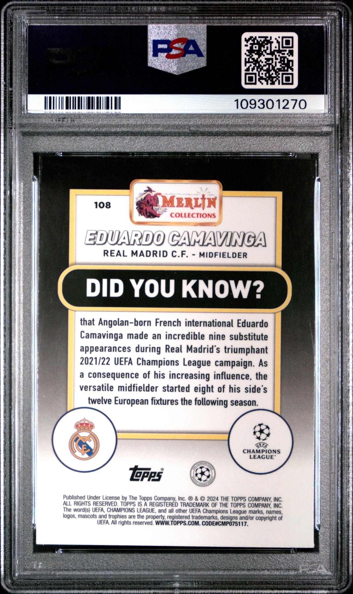 2023 Topps Merlin UEFA Club Competitions Gold Refractor Eduardo Camavinga #108 /50 PSA 9