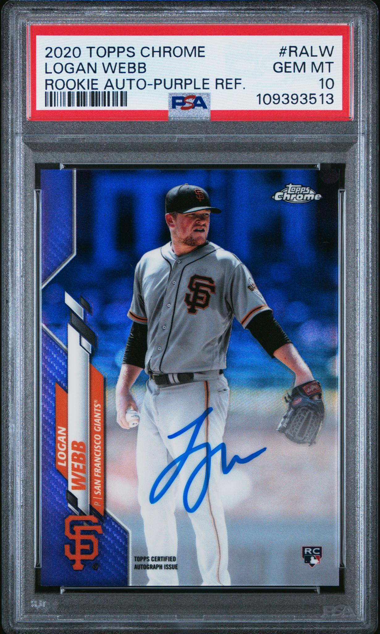 2020 Topps Chrome Purple Refractor Logan Webb #RA-LW RC Auto /250 PSA 10