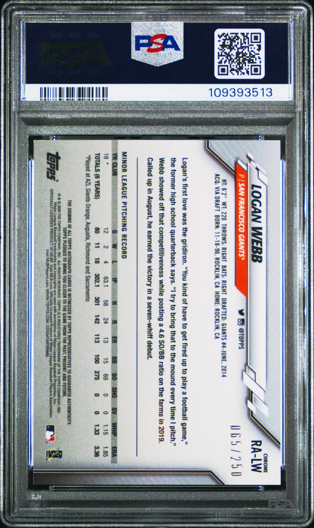 2020 Topps Chrome Purple Refractor Logan Webb #RA-LW RC Auto /250 PSA 10
