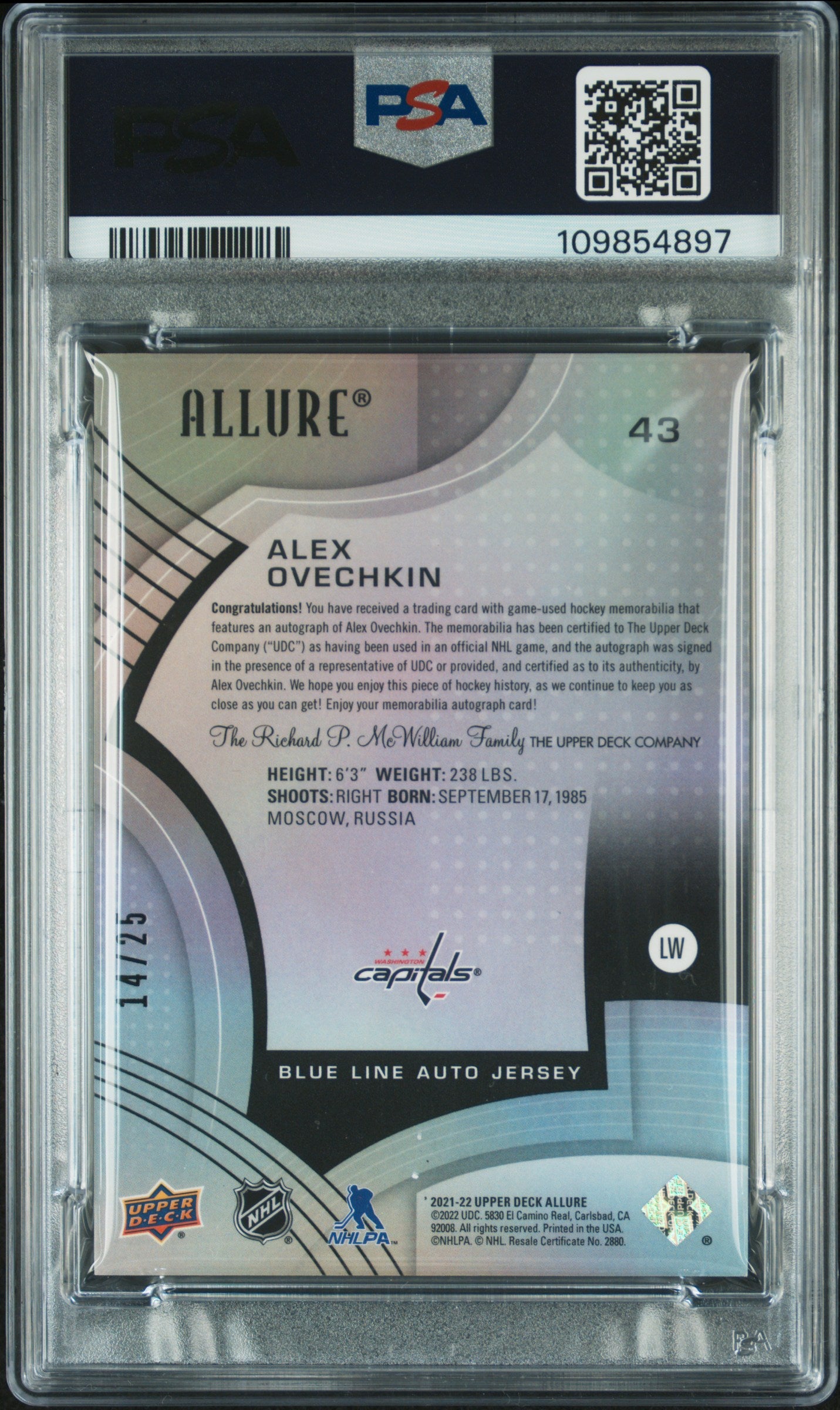 2021 Upper Deck Allure Blue Line Alex Ovechkin #43 Auto Jersey /25 PSA 9 Auto 10