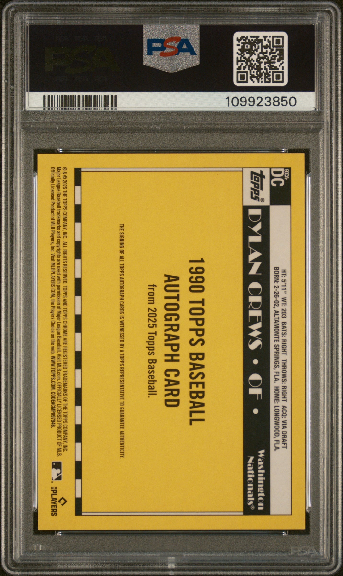 2025 Topps Chrome #DC Dylan Crews 1990 Topps Baseball /199 PSA 9