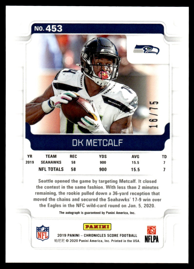 2019 Panini Chronicles Score #453 DK Metcalf Rookie /75 Auto Seahawks