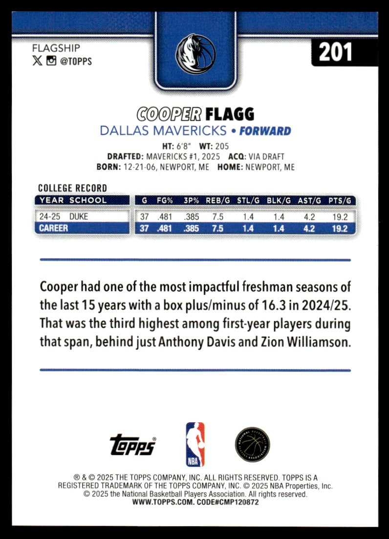 2025 Topps Flagship 201 Cooper Flagg Rookie Dallas Mavericks