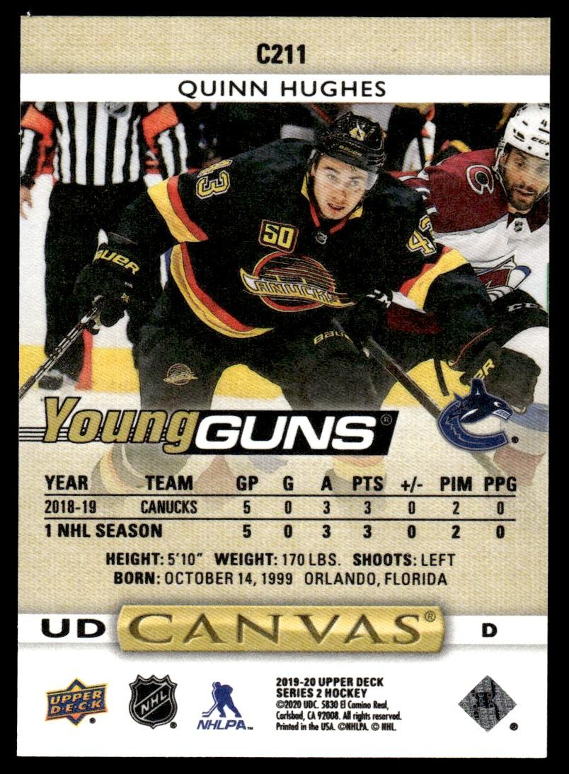 2019 Upper Deck UD Canvas C211 Quinn Hughes Young Guns Rookie Canucks