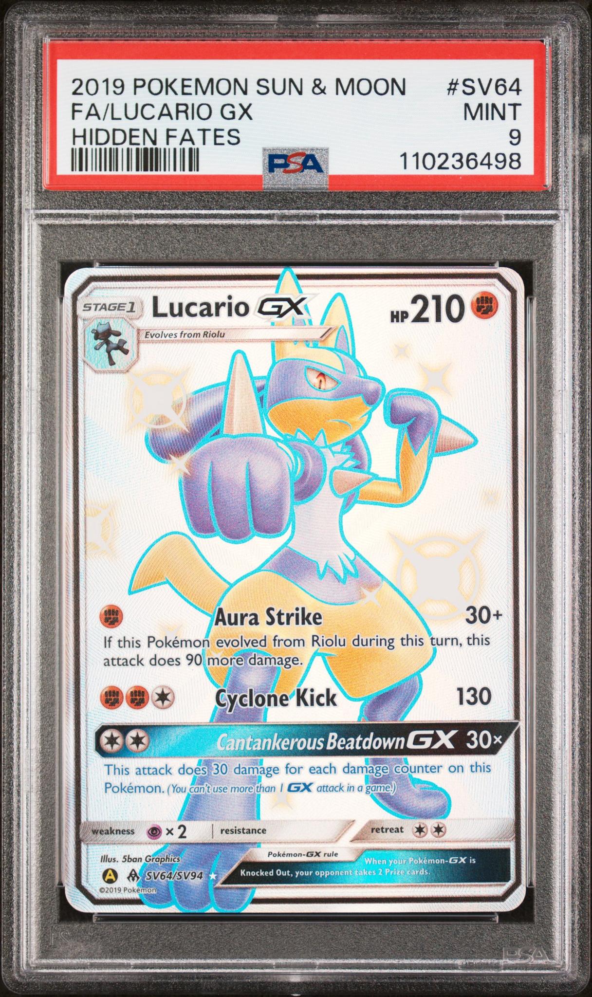 2019 Pokémon Hidden Fates Shiny Vault Full Art Lucario #SV64/SV94 GX PSA 9