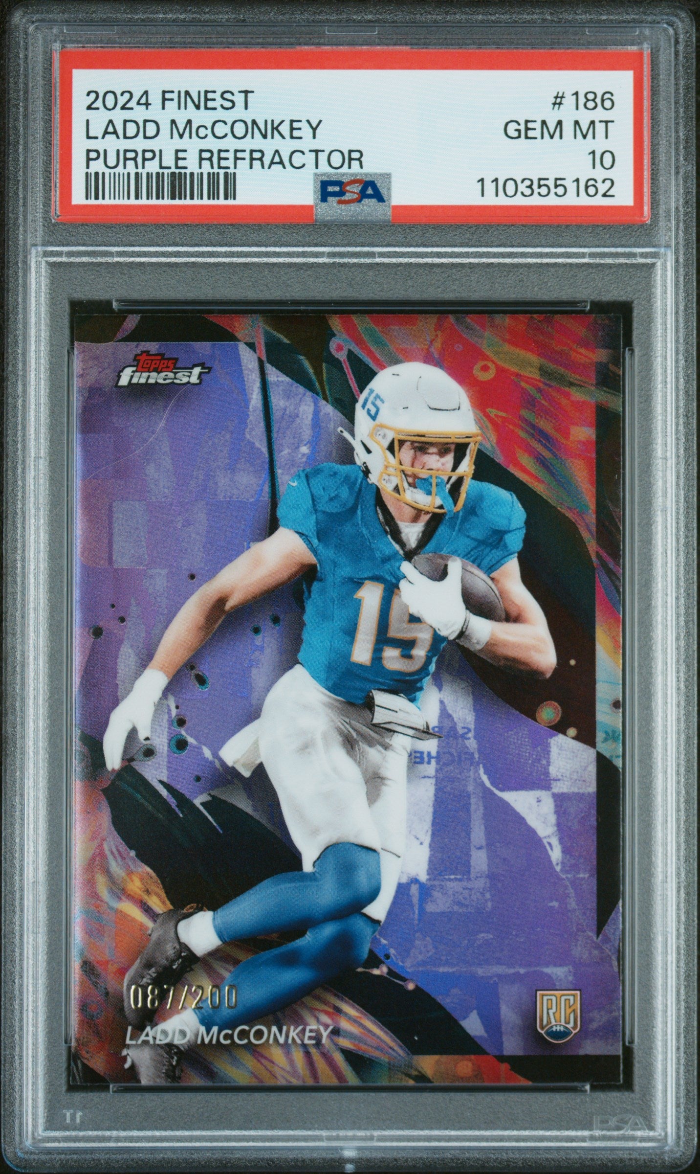 2024 Topps Finest Purple Refractor Ladd McConkey #186 RC /200 PSA 10