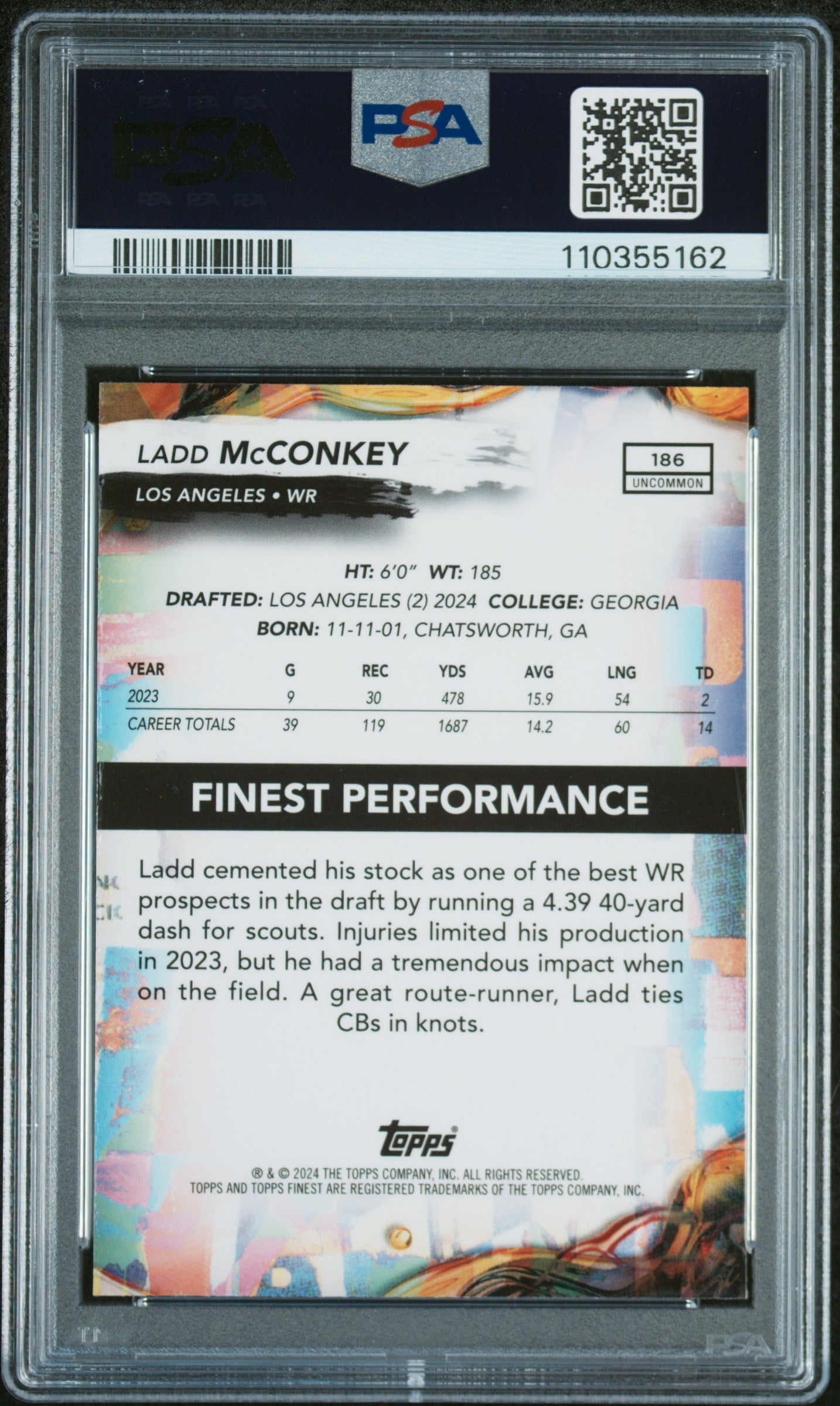 2024 Topps Finest Purple Refractor Ladd McConkey #186 RC /200 PSA 10