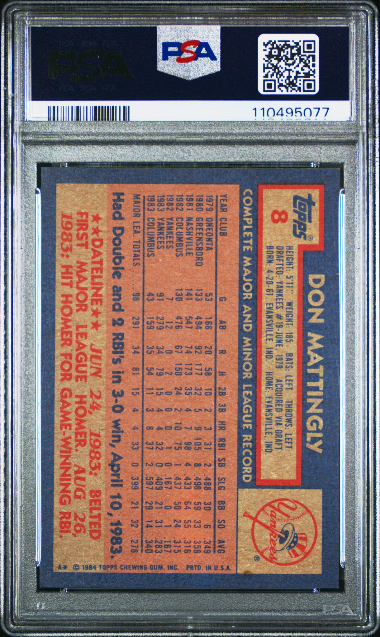 1984 Topps Baseball Don Mattingly #8 RC PSA 8