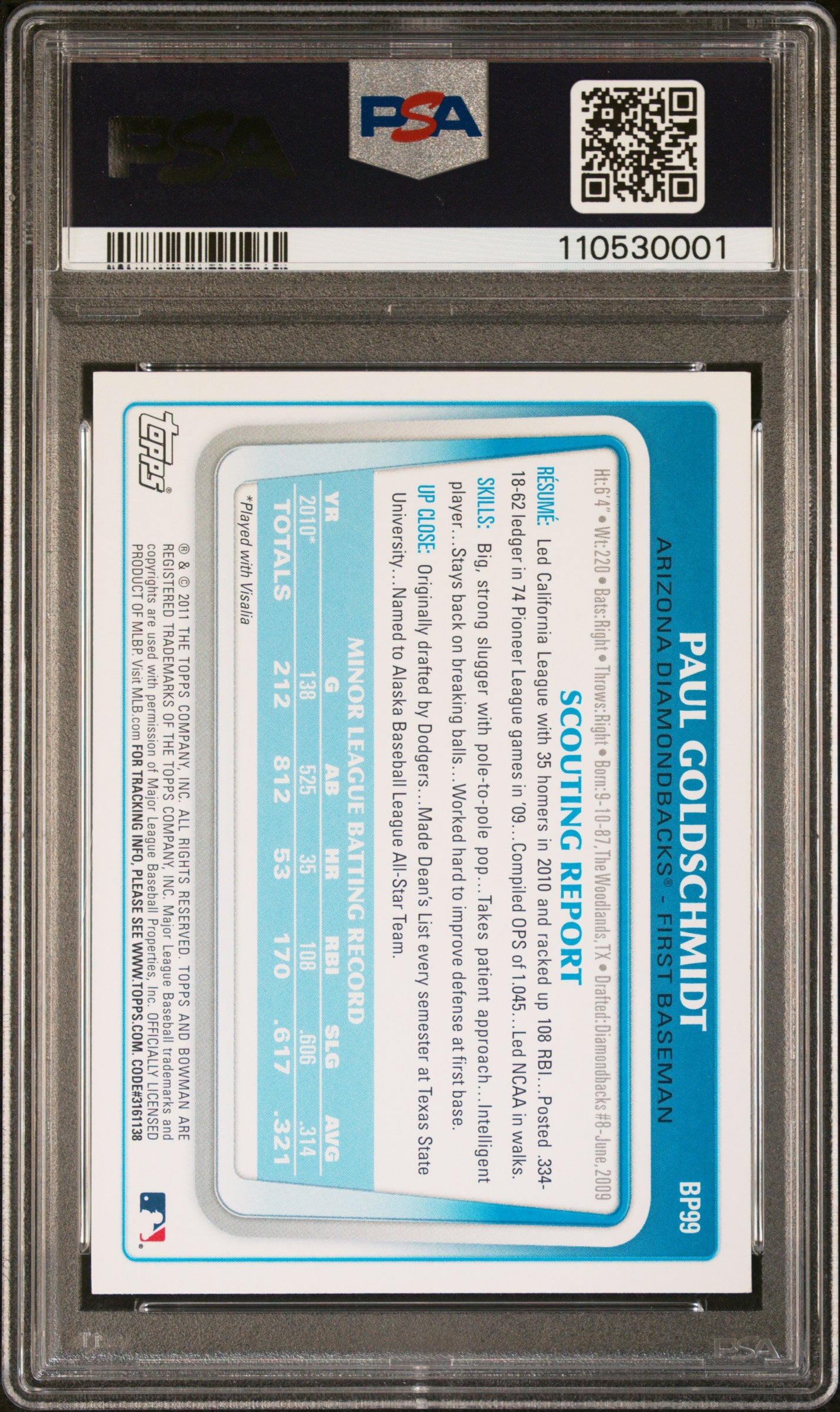 2011 Bowman Prospects Paul Goldschmidt #BP99 1st Bowman PSA 9