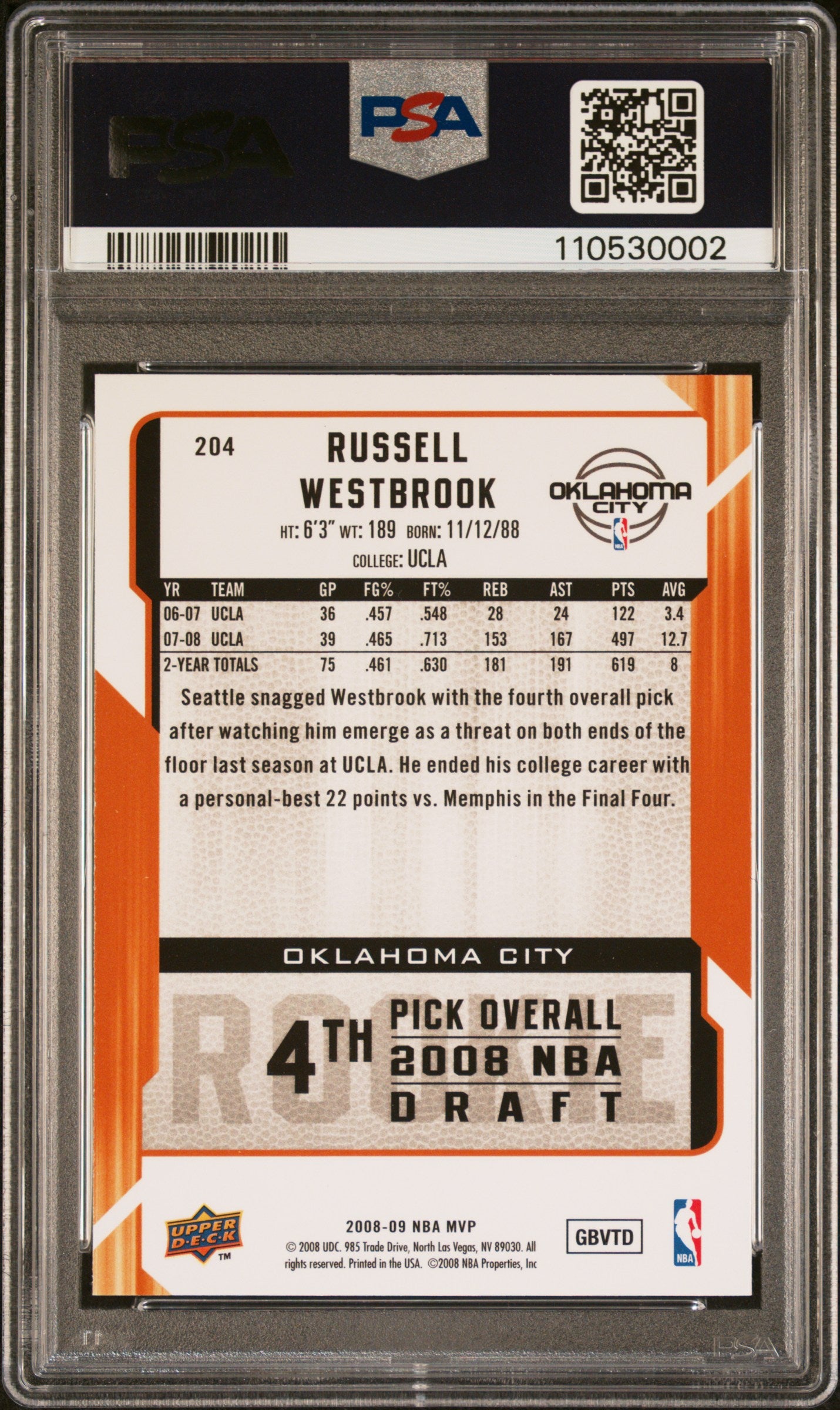 2008 Upper Deck MVP Russell Westbrook #204 RC PSA 9