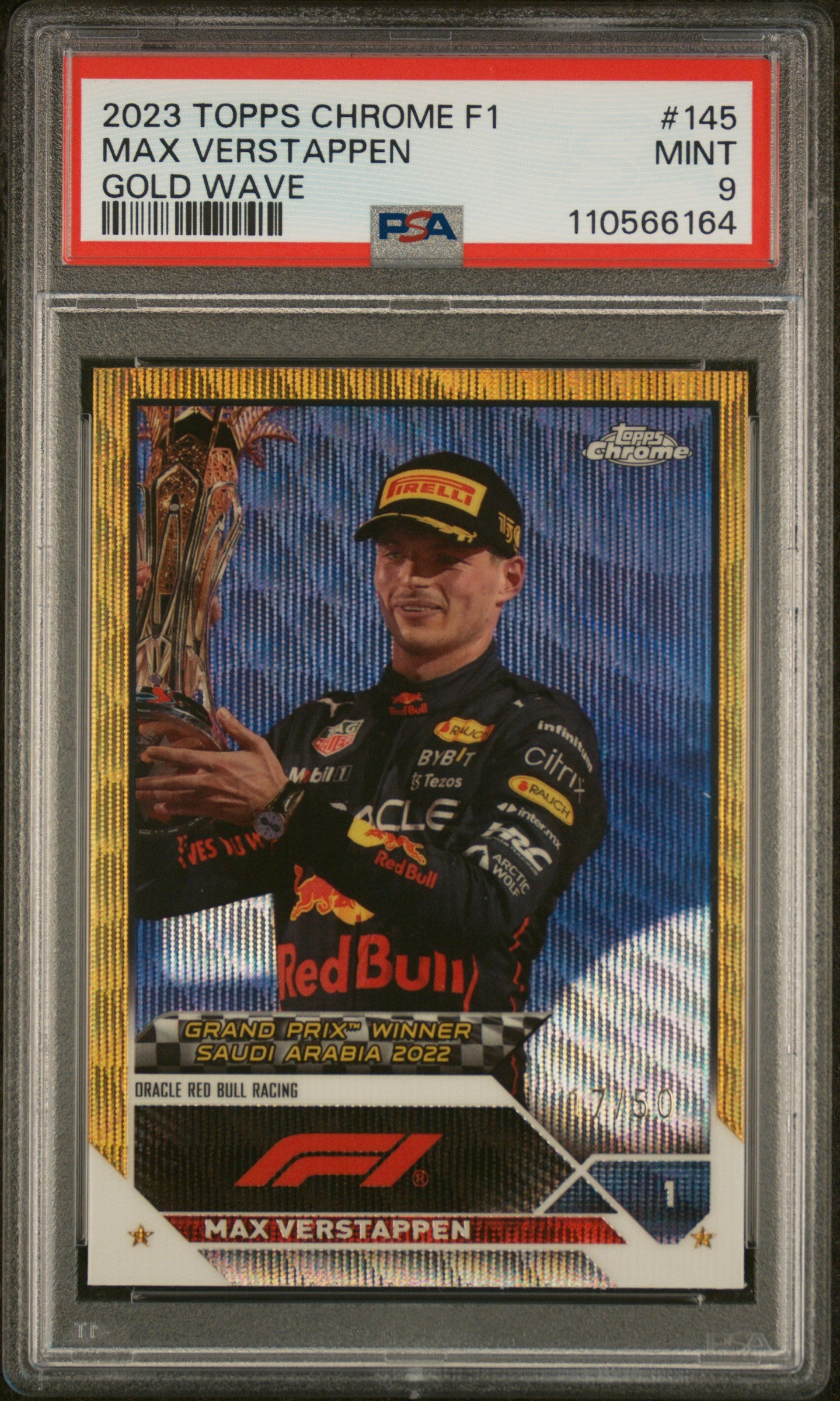 2023 Topps Chrome F1 Gold Wave Max Verstappen #145 /50 PSA 9