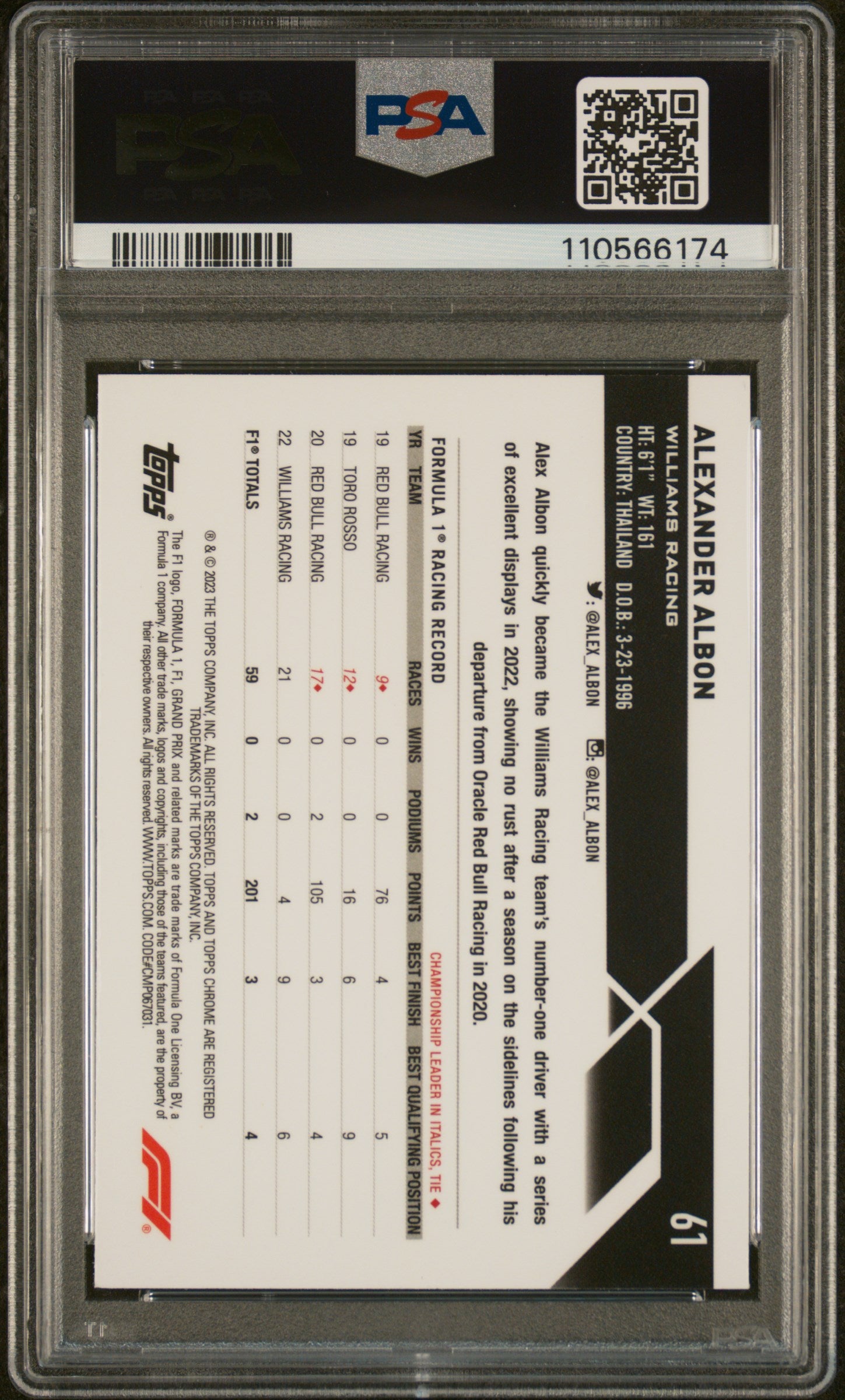 2023 Topps Chrome F1 Orange Wave Alexander Albon #61 /25 PSA 9