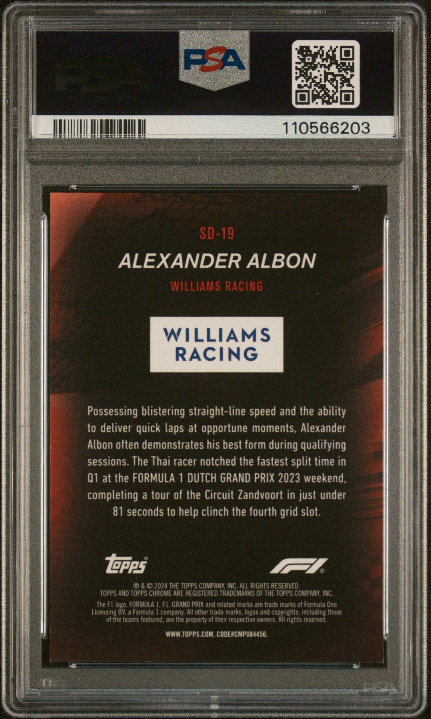 2024 Topps Chrome Sapphire Speed Demons Purple Alexander Albon #SD19 /10 PSA 9