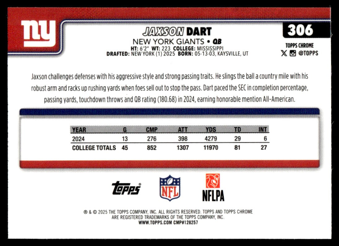 2025 Topps Chrome Jaxson Dart Rookie RC Pulsar #306