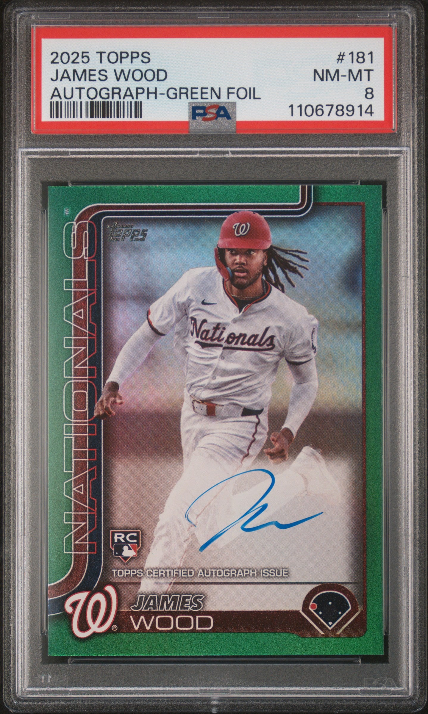 2025 Topps Series 1 Green Foil James Wood #181 RC Auto /99 PSA 8