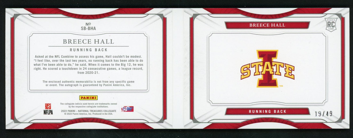 2022 National Treasures Collegiate Breece Hall Patch Auto Booklet /49