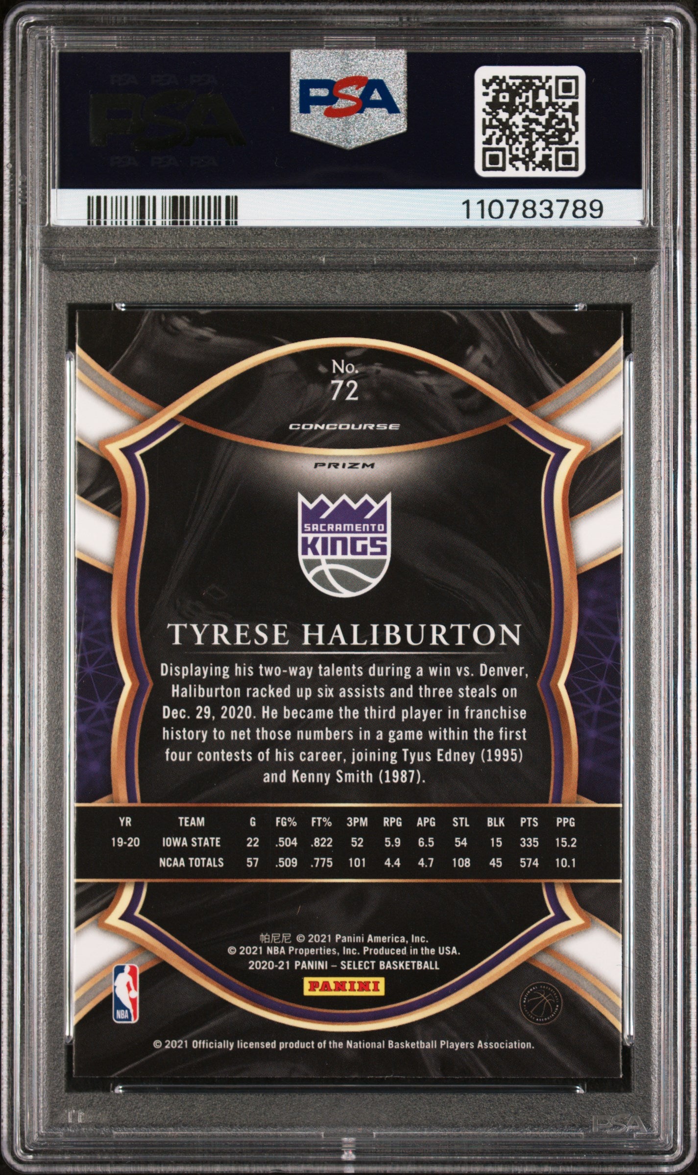 2020 Panini Select Silver Prizm Tyrese Haliburton #72 RC Concourse PSA 10