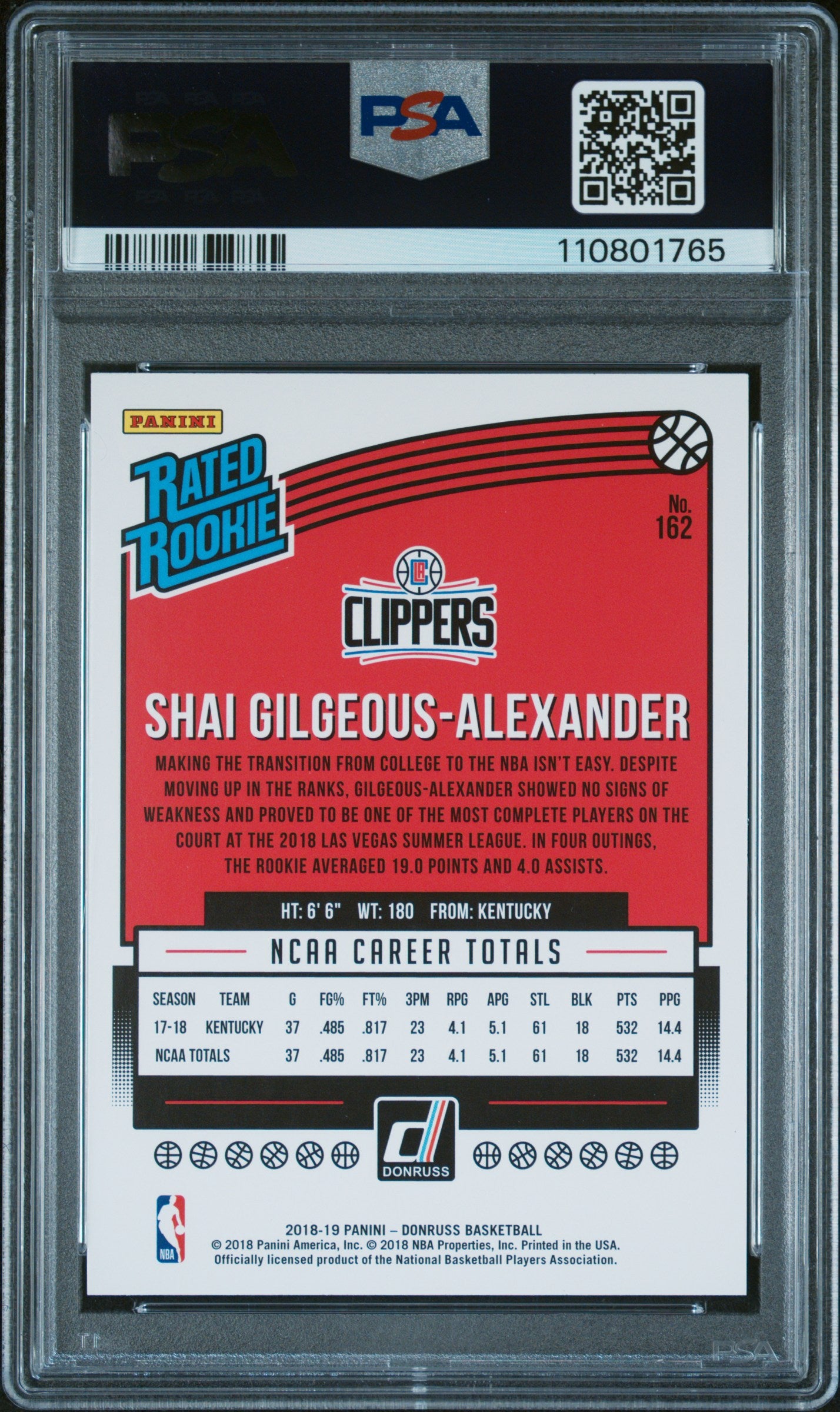 2018 Panini Donruss Rated Rookie Shai Gilgeous-Alexander #162 RC PSA 10