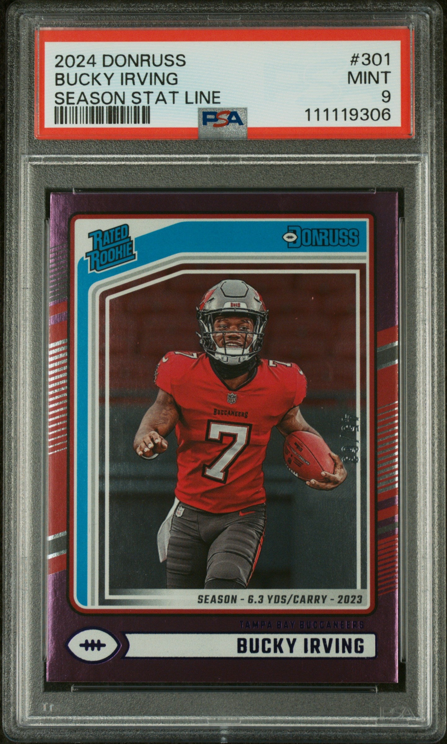 2024 Panini Donruss Season Stat Line Bucky Irving #301 RC /500 PSA 9