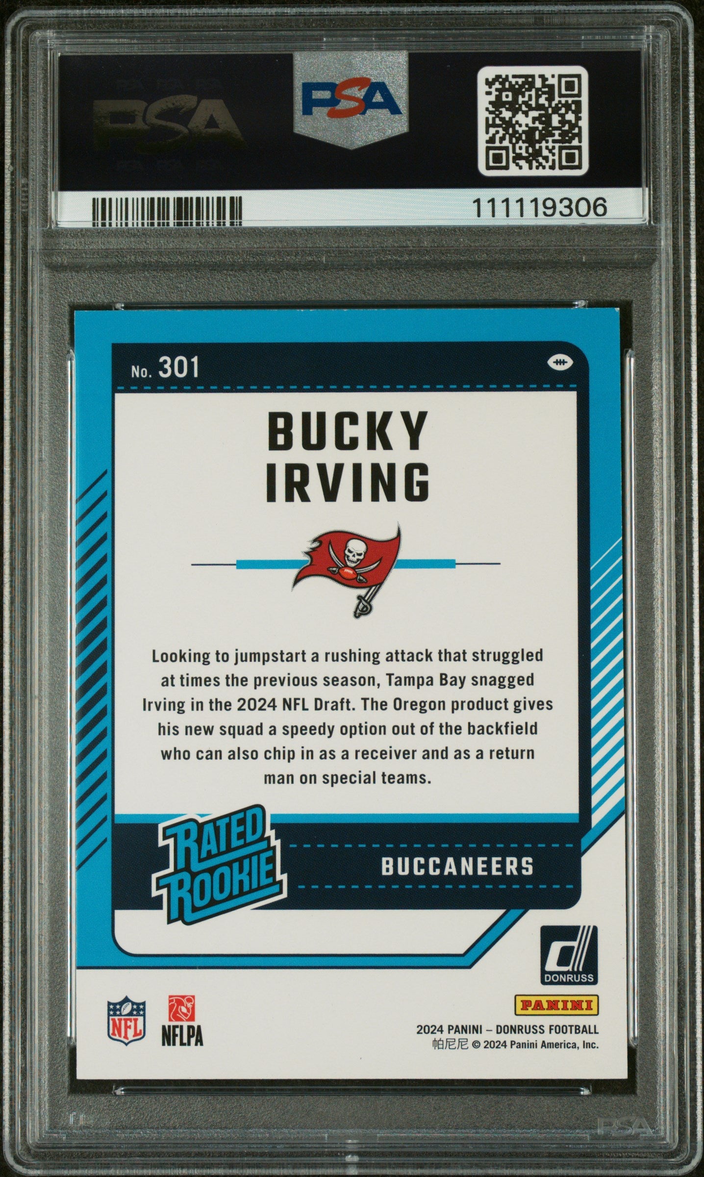 2024 Panini Donruss Season Stat Line Bucky Irving #301 RC /500 PSA 9
