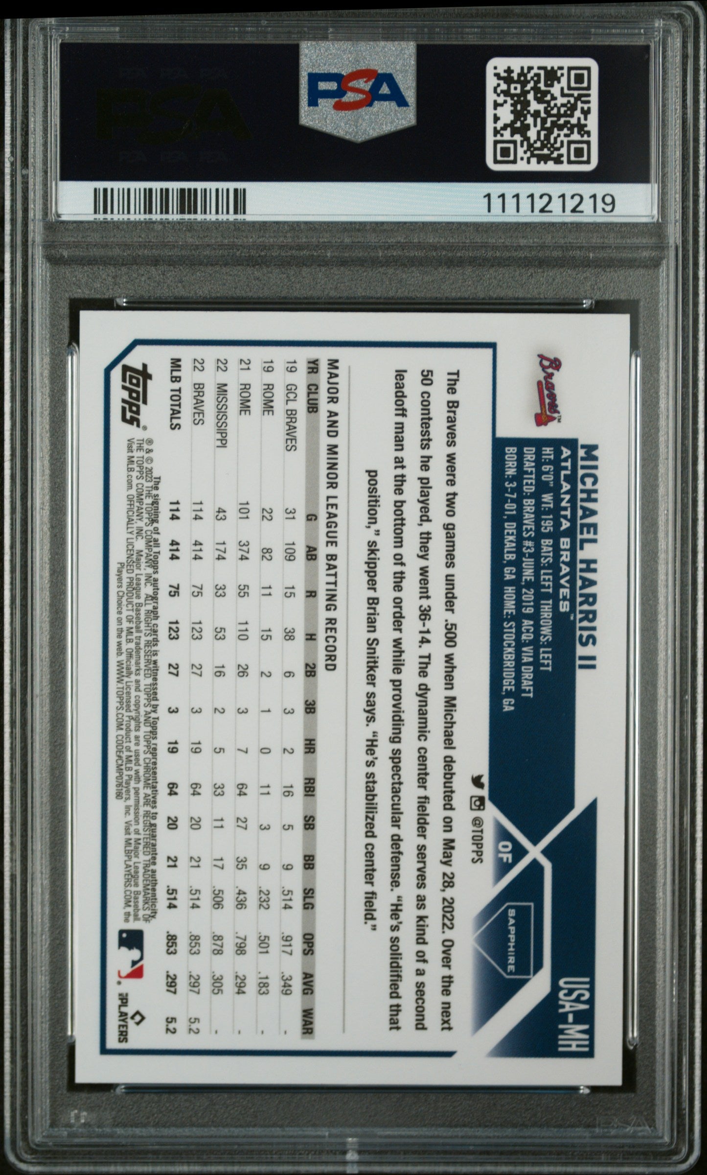 2023 Topps Chrome #MH Michael Harris II Sapphire Edition /99 PSA 10
