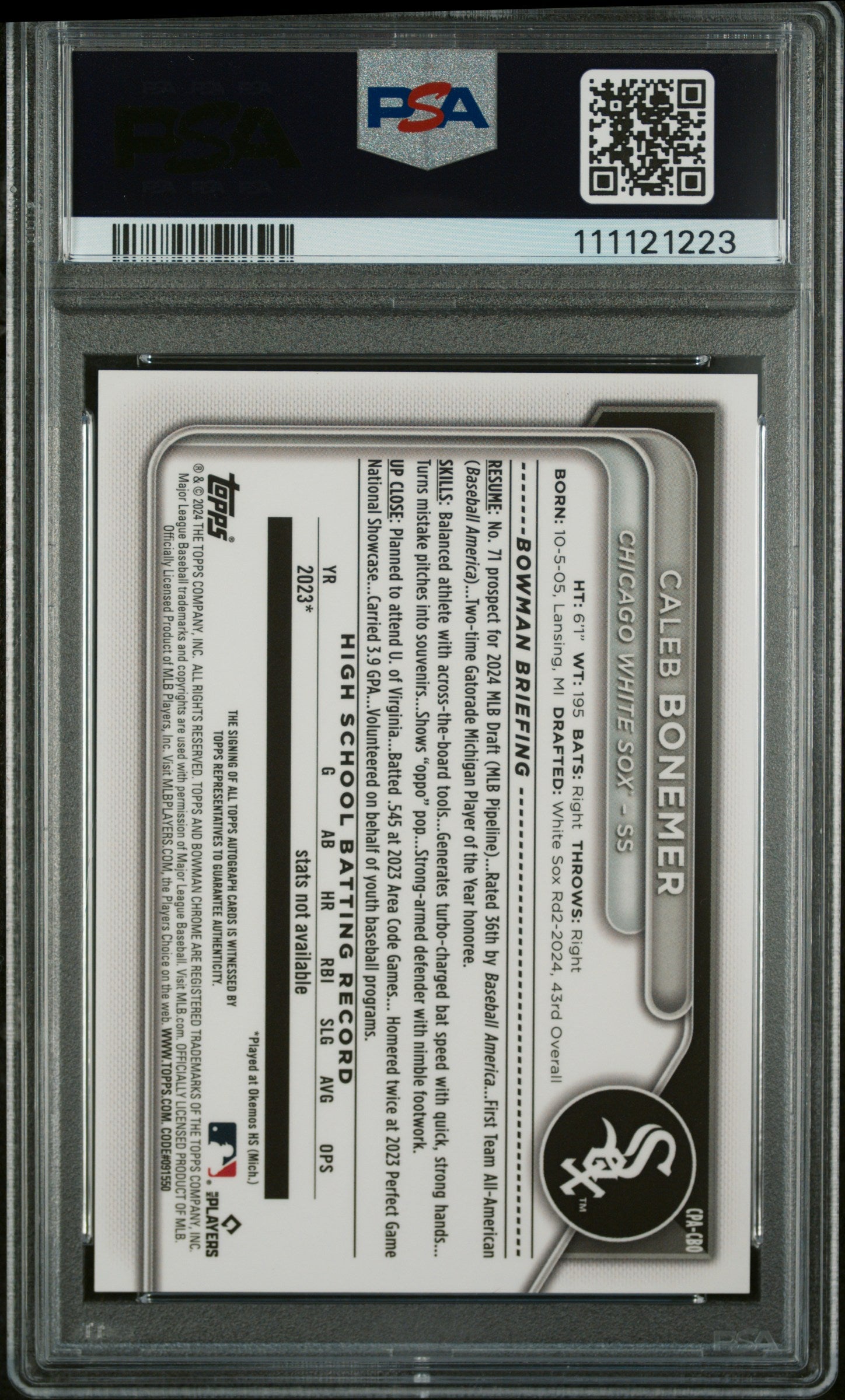 2024 Bowman Draft Chrome Caleb Bonemer #CPA-CBO Auto PSA 9