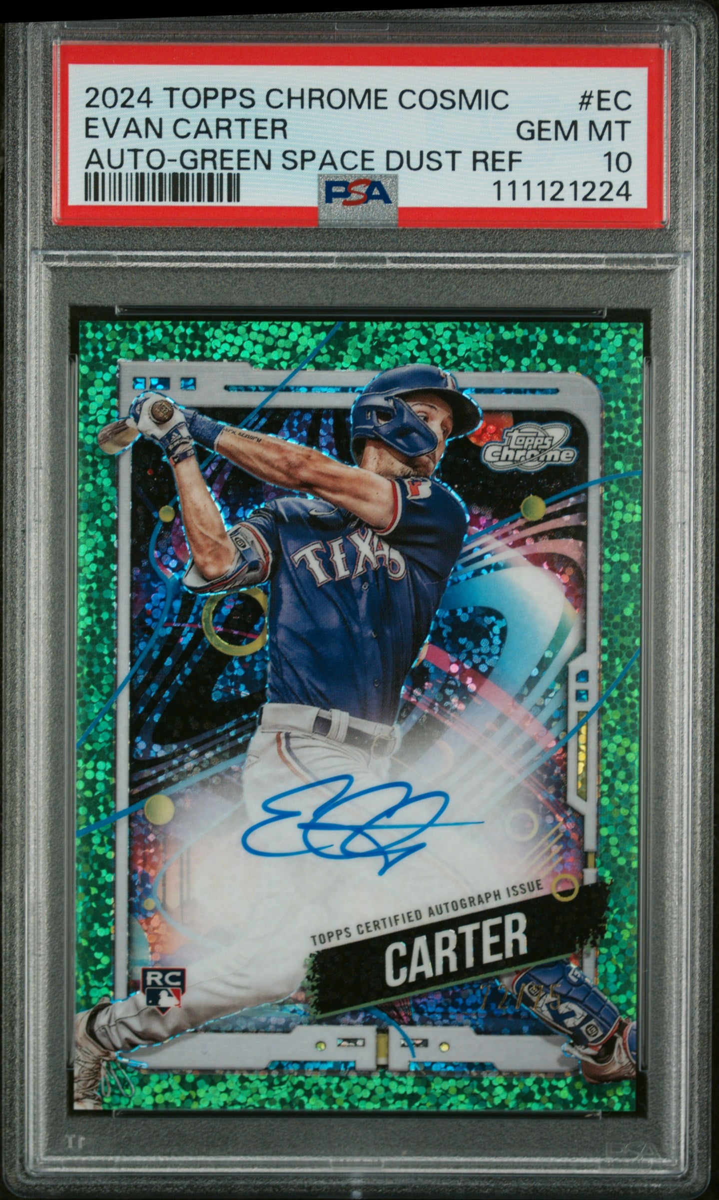 2024 Topps Cosmic Chrome Green Space Dust Ref Evan Carter #CCA-EC RC Auto PSA 10