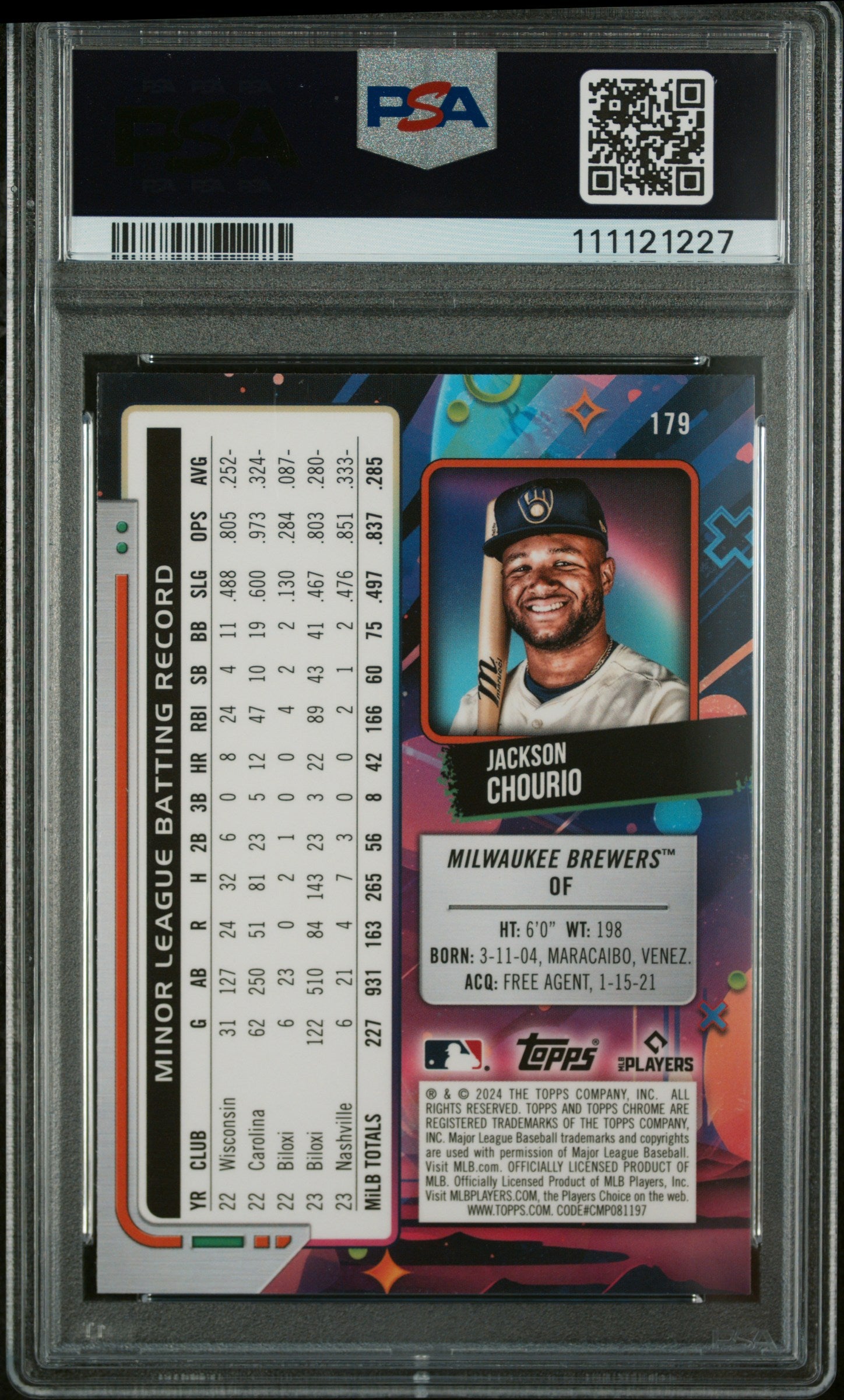 2024 Topps Chrome Cosmic Blue Moon Refractor Jackson Chourio #179 RC /99 PSA 9