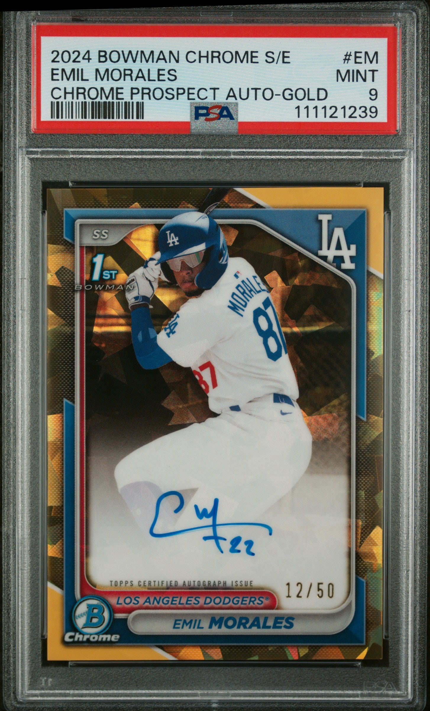 2024 Bowman Chrome #EM Emil Morales Chrome Prospect Auto-Gold /50 Auto PSA 9
