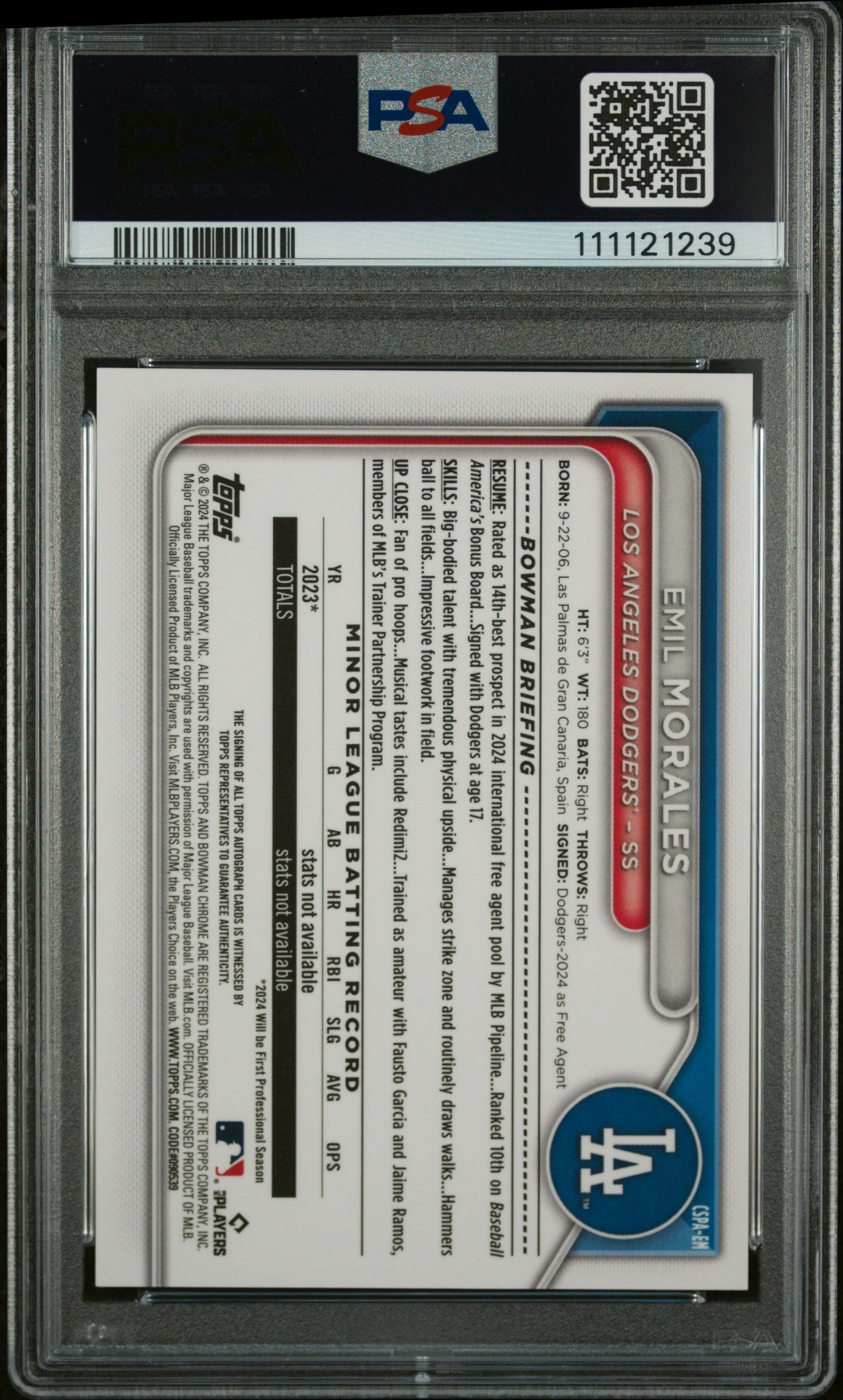 2024 Bowman Chrome #EM Emil Morales Chrome Prospect Auto-Gold /50 Auto PSA 9