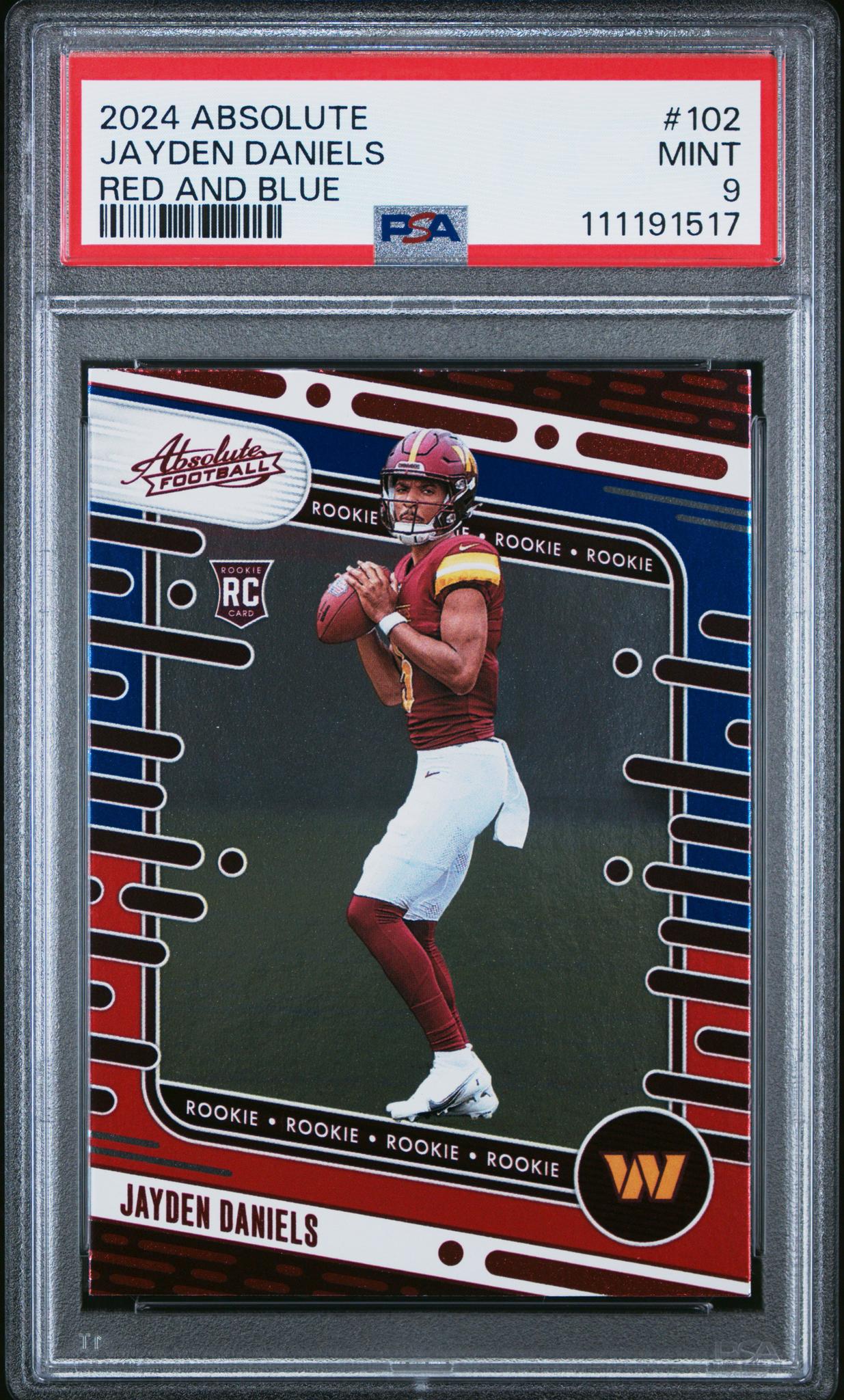 2024 Panini Absolute Football Red and Blue Jayden Daniels #102 RC PSA 9