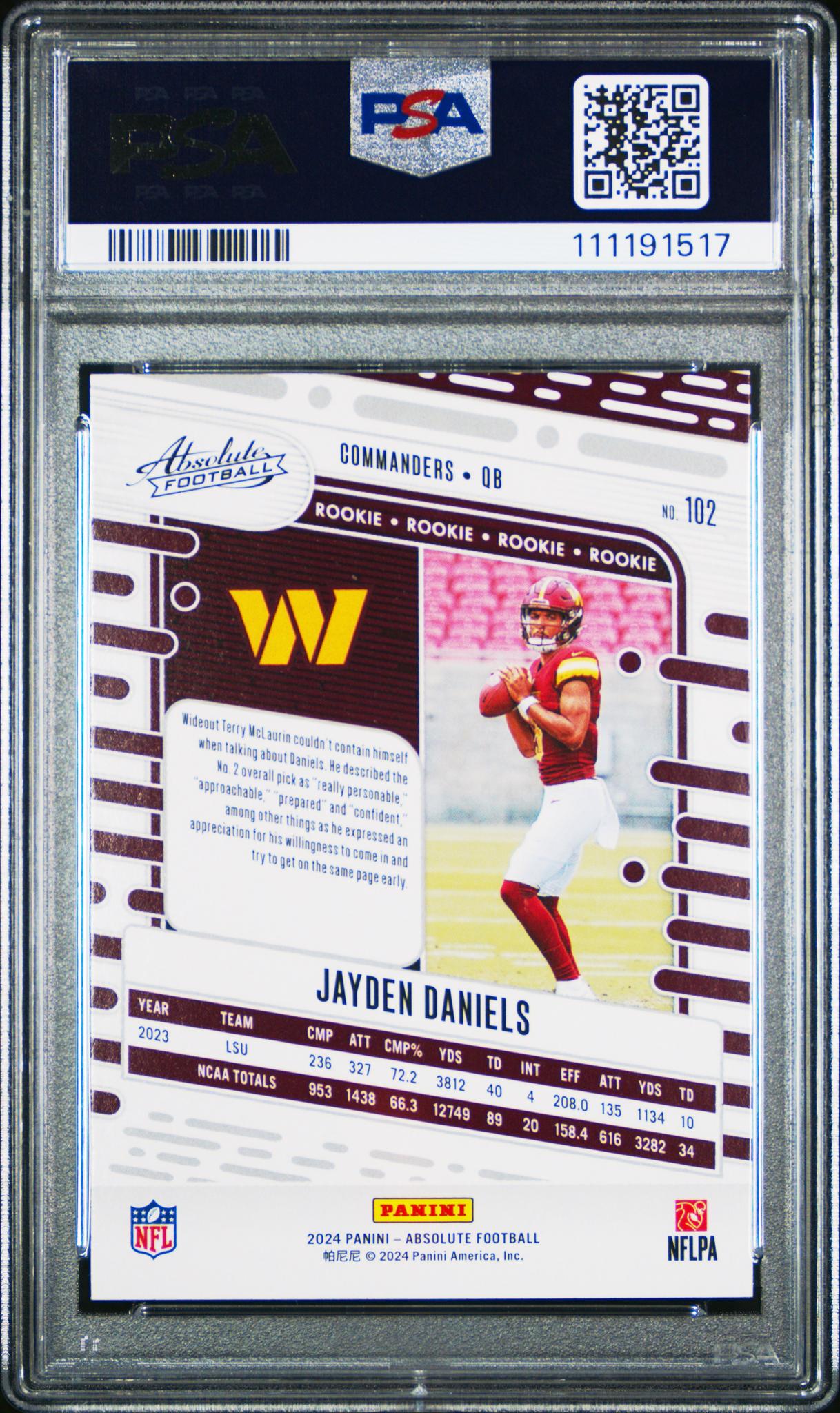 2024 Panini Absolute Football Red and Blue Jayden Daniels #102 RC PSA 9