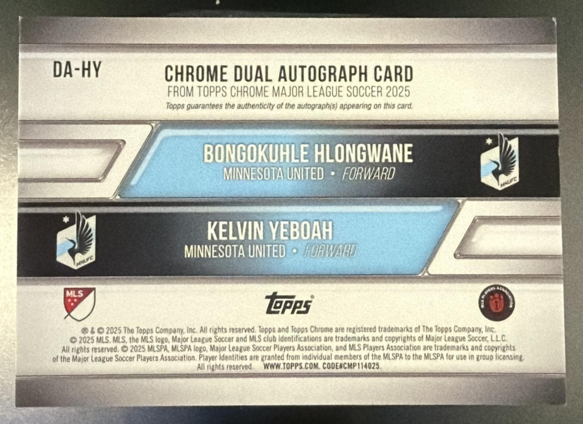 2025 Topps Chrome DA-HY Bongokuhle Hlongwane/Kelvin Yeboah Dual Auto /50