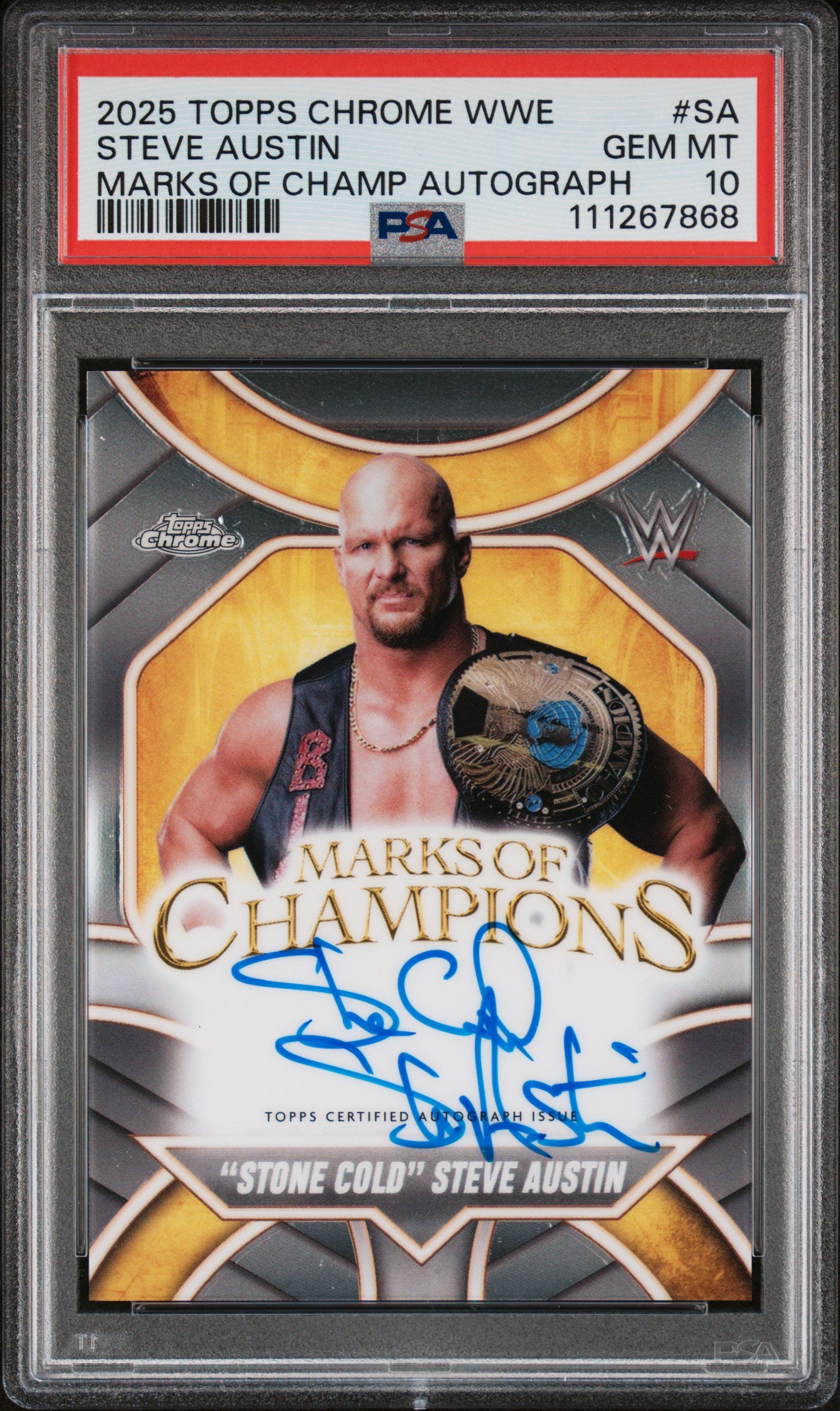 2025 Topps Chrome WWE Marks of Champions Steve Austin #MOC-SA Auto PSA 10