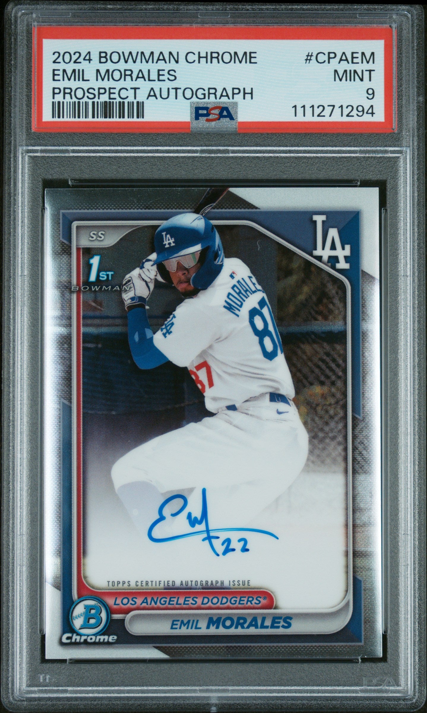 2024 Bowman Chrome Prospect Autograph Emil Morales #CPA-EM Auto PSA 9