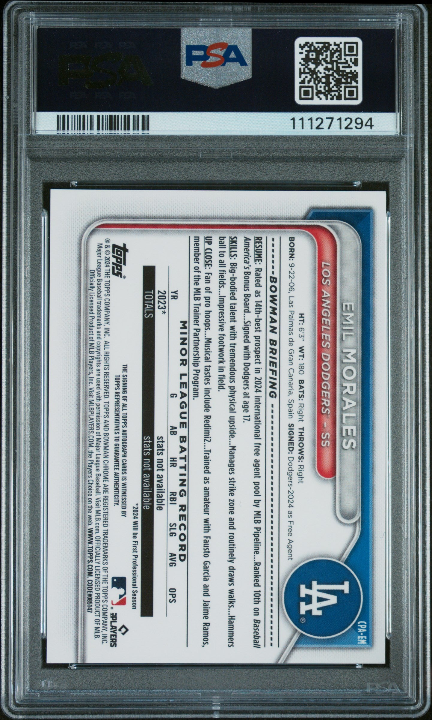 2024 Bowman Chrome Prospect Autograph Emil Morales #CPA-EM Auto PSA 9