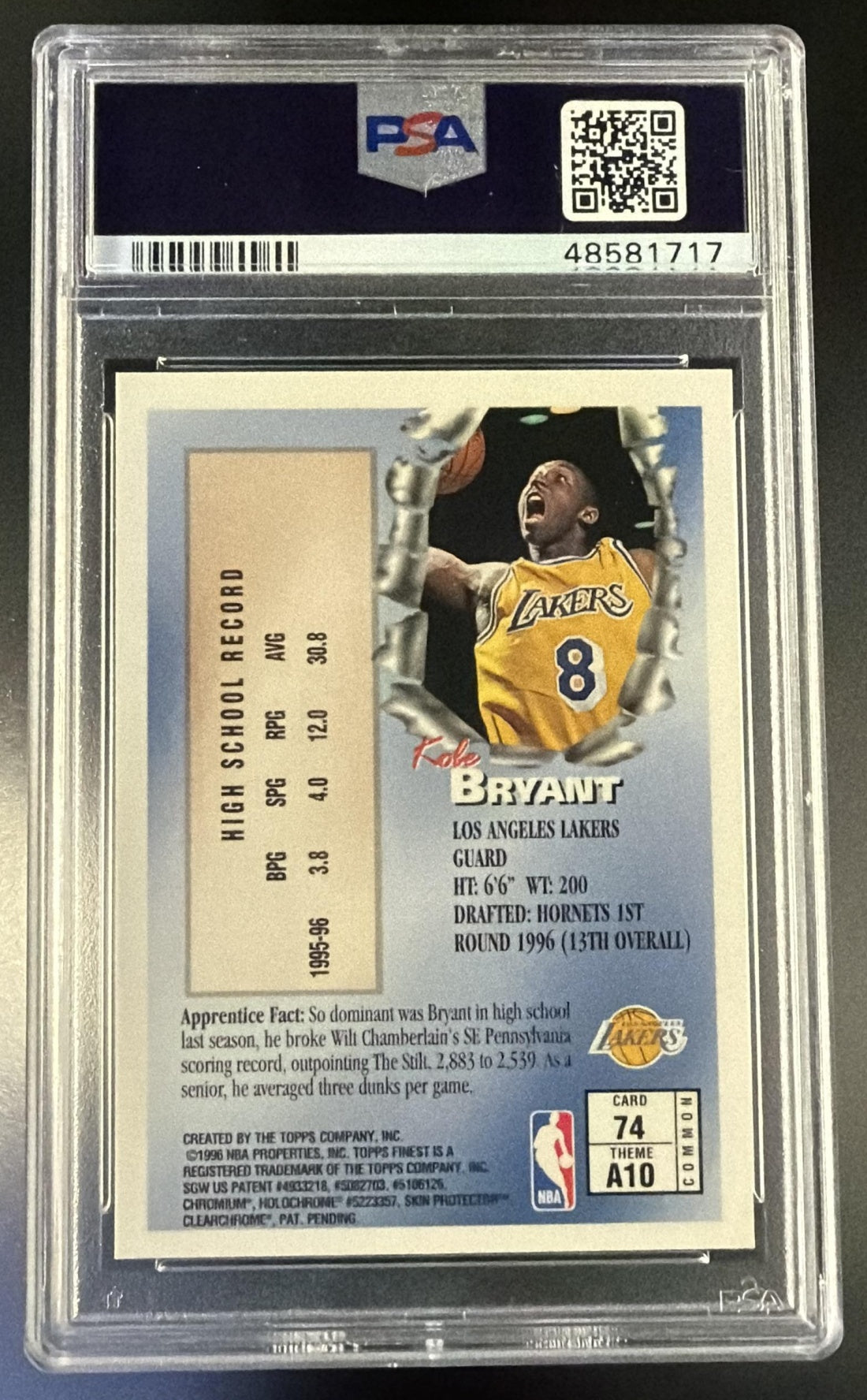 1996 Finest With Coating Kobe Bryant #74 PSA 8