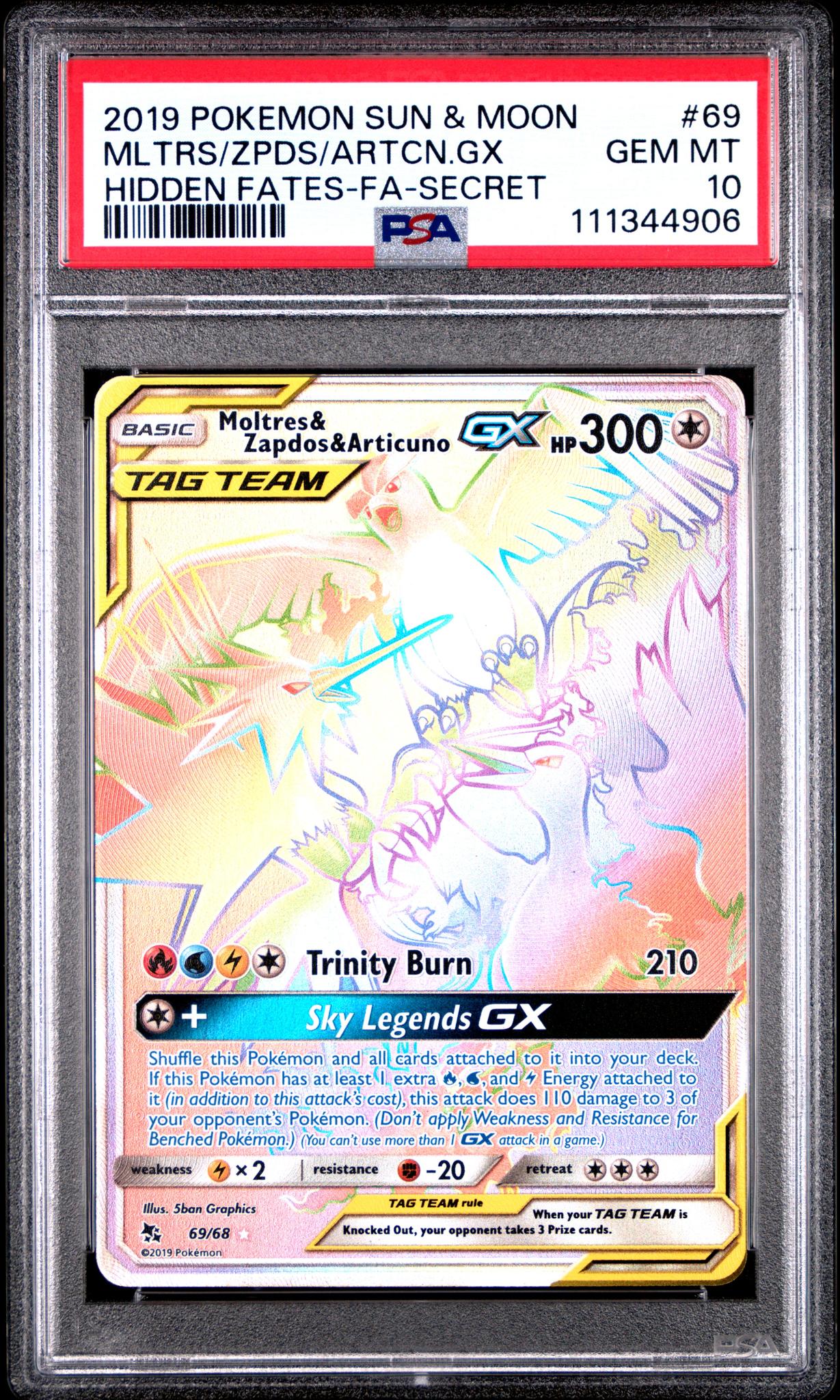 2019 Pokemon Sun and Moon Hidden Fates Secret Rare Articuno/Moltres/Zapdos Gx #69 PSA 10