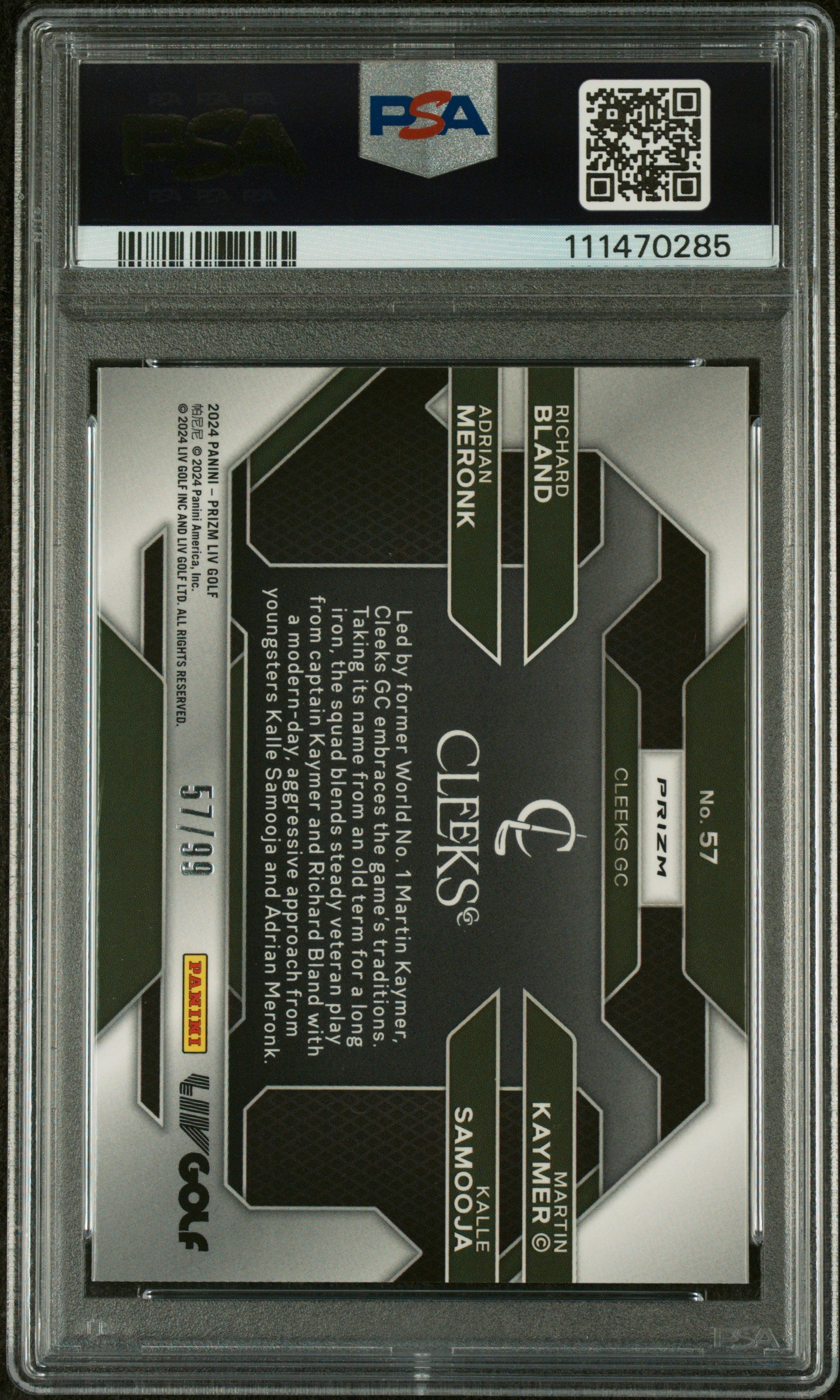 2024 Panini Prizm LIV Golf Blue Prizm Kaymer/Bland/Samooja/Meronk #57 /99 PSA 10