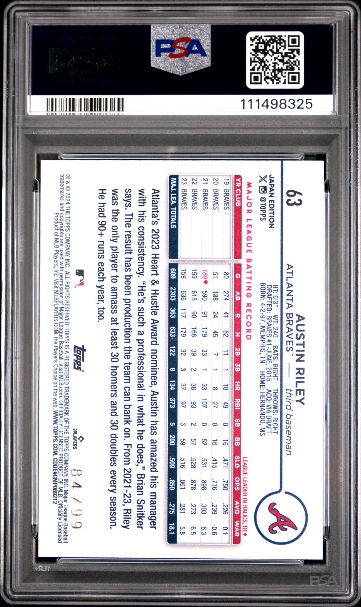 2024 Topps Baseball Japan Edition Cherry Blossoms Austin Riley #63 /99 PSA 10