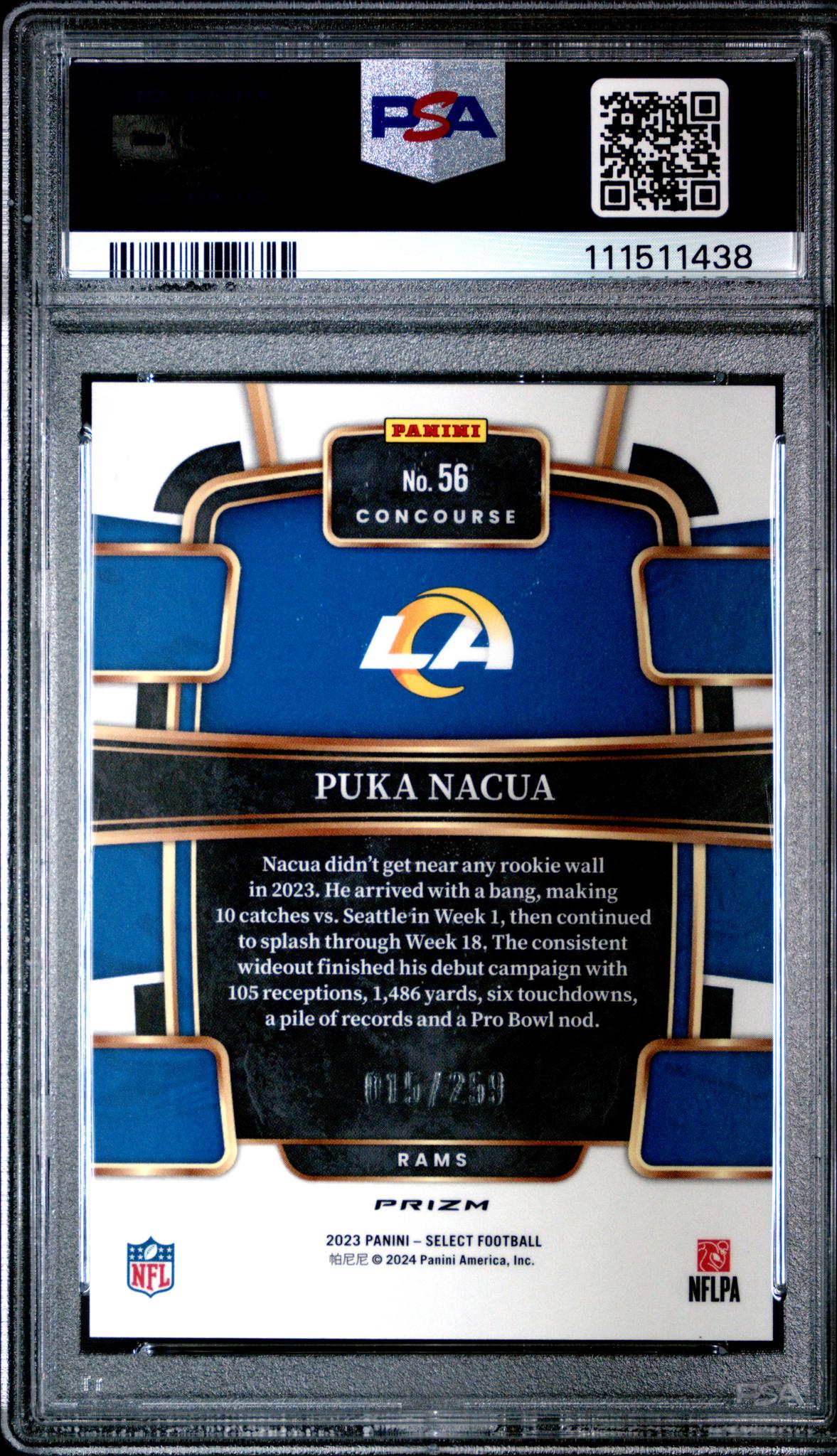 2023 Panini Select Tri-Color Prizm Puka Nacua #56 RC /249 PSA 10